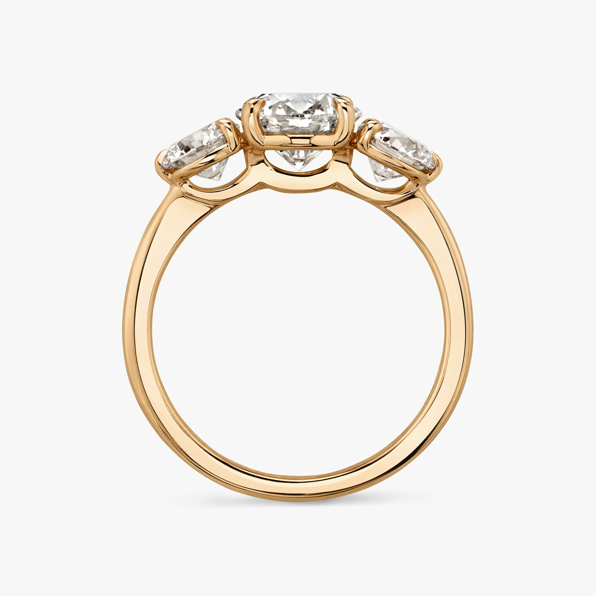 The Three Stone | Round Brilliant | 14k | Rose Gold | bandAccent: Plain | caratWeight: other | sideStoneCarat: 0.50ct | sideStoneShape: Round Brilliant | diamondOrientation: vertical