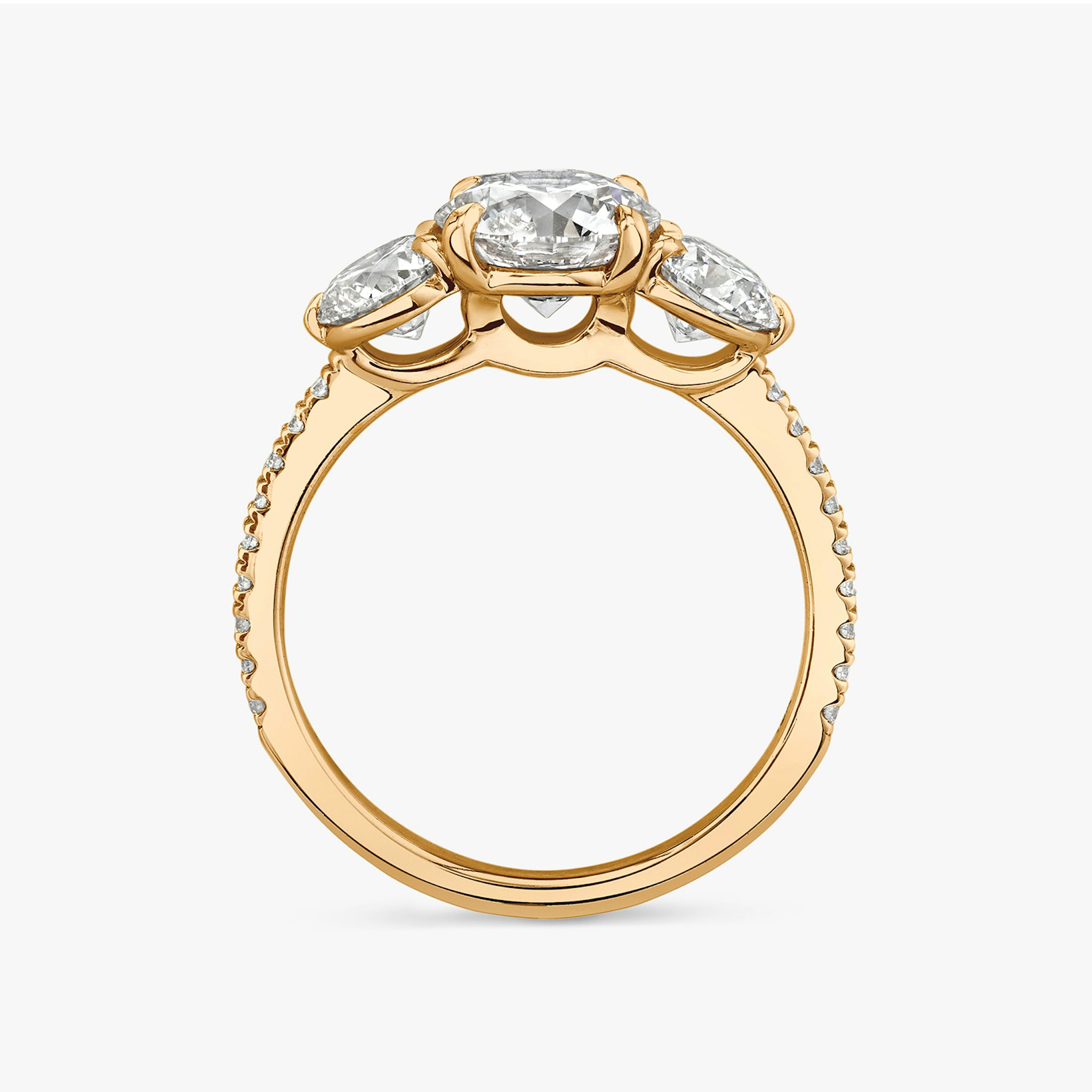 The Three Stone | Round Brilliant | 14k | Rose Gold | bandAccent: Pavé | caratWeight: other | sideStoneCarat: 0.50ct | sideStoneShape: Round Brilliant | diamondOrientation: vertical