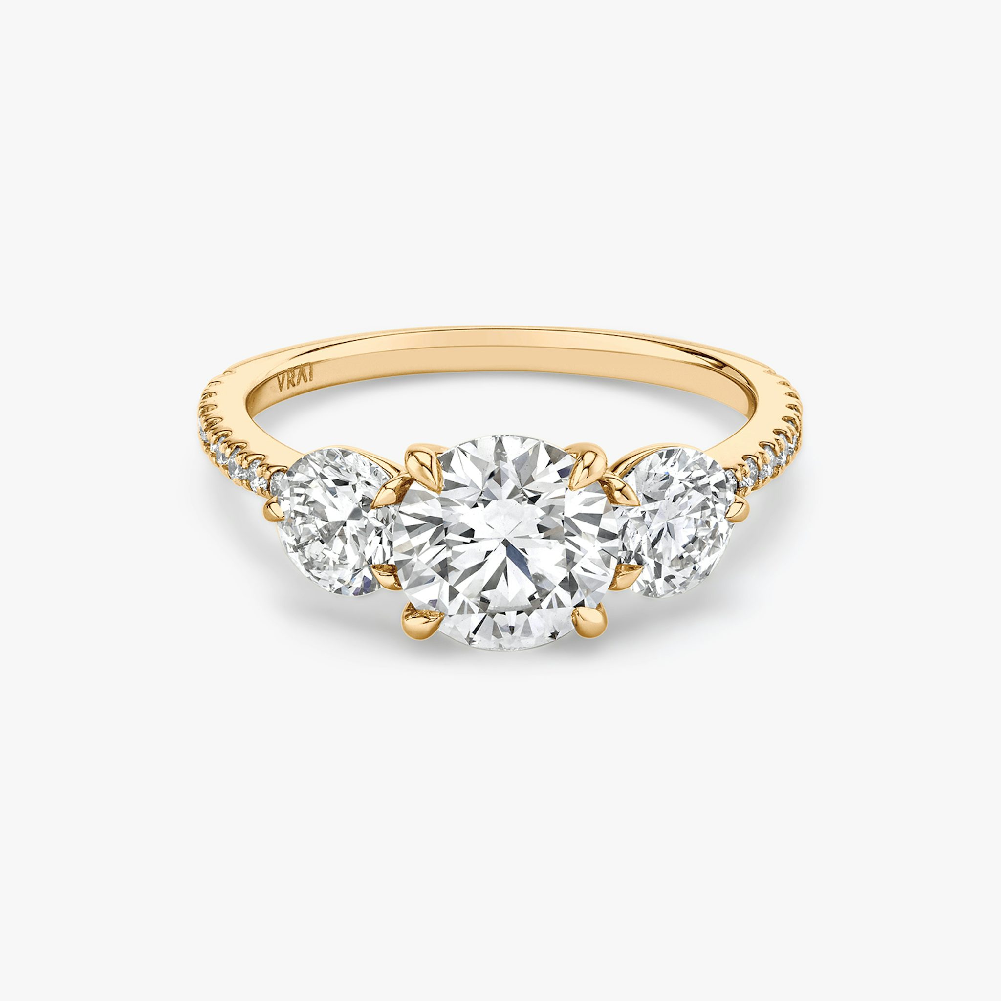 The Three Stone | Round Brilliant | 14k | Rose Gold | bandAccent: Pavé | caratWeight: other | sideStoneCarat: 0.50ct | sideStoneShape: Round Brilliant | diamondOrientation: vertical