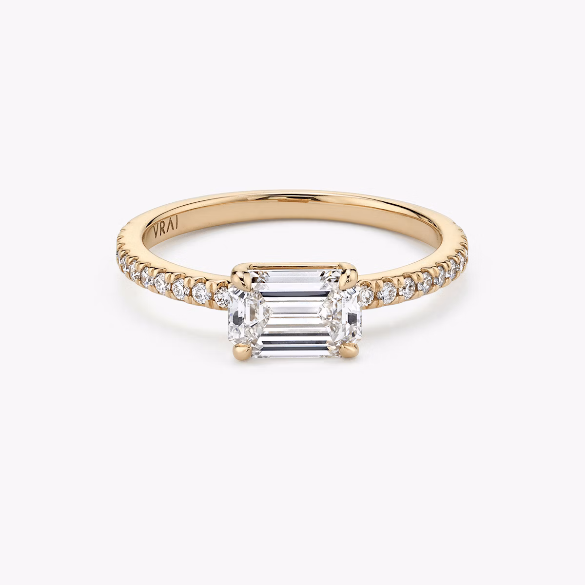 The Signature | Emerald | 14k | Rose Gold | bandAccent: Pavé | bandWidth: standard | diamondOrientation: horizontal | hiddenHalo: no | caratWeight: other