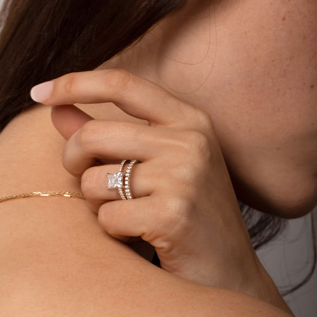 The Signature | Princess | 14k | Rose Gold | bandAccent: Plain | bandWidth: standard | hiddenHalo: no | diamondOrientation: vertical | caratWeight: other