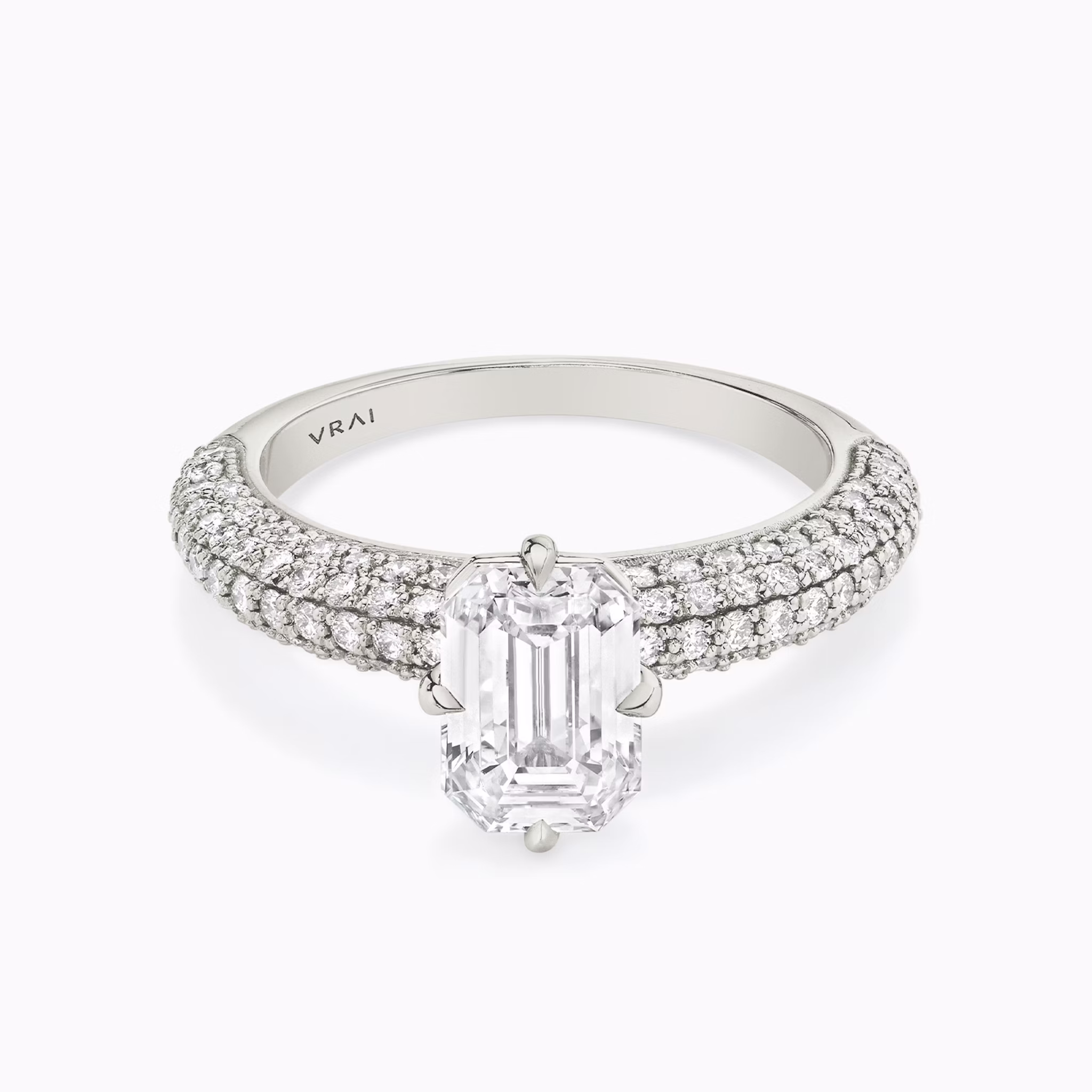 The Curator | Emerald | 18k | White Gold | bandAccent: Pavé | diamondOrientation: vertical | caratWeight: other