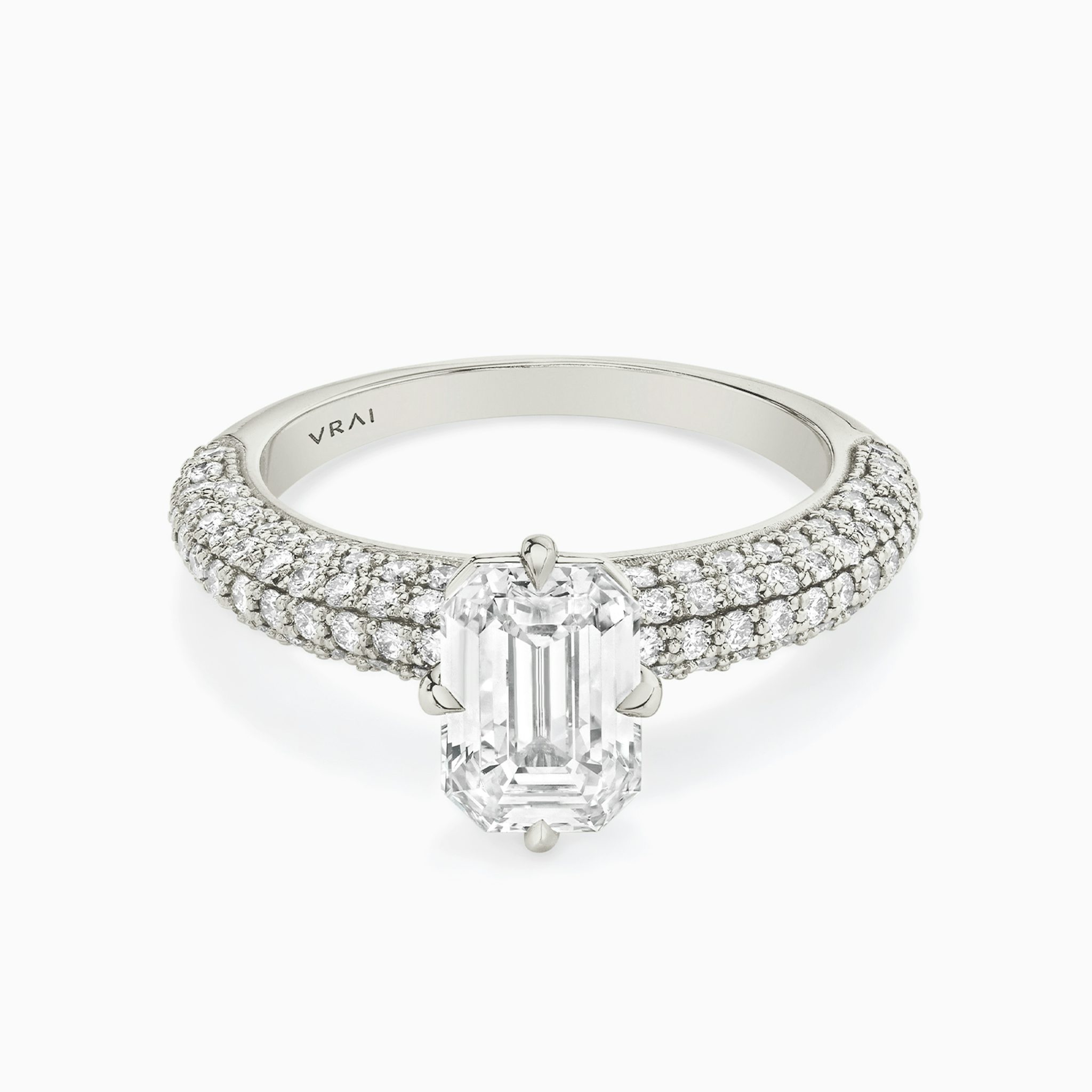 The Curator | Emerald | Platinum | bandAccent: Pavé | diamondOrientation: vertical | caratWeight: other