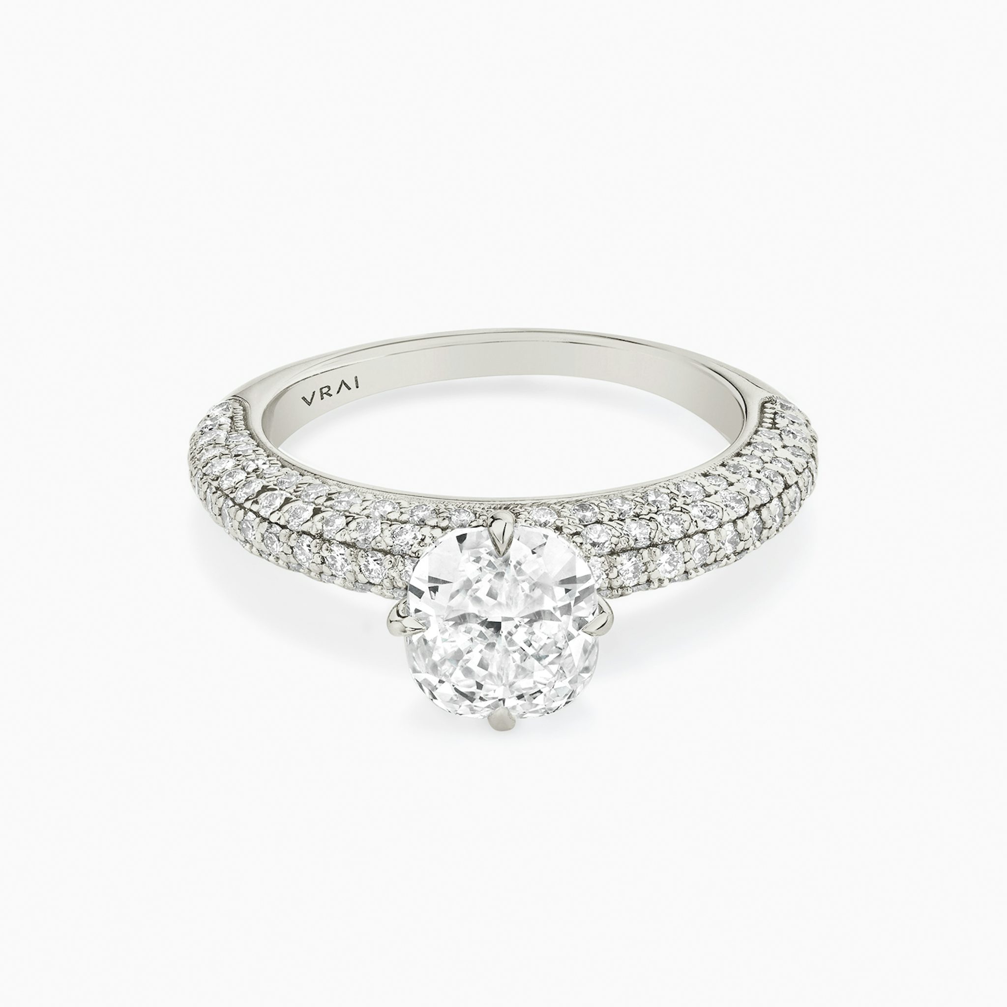 The Curator | Cushion | 18k | White Gold | bandAccent: Pavé | diamondOrientation: vertical | caratWeight: other