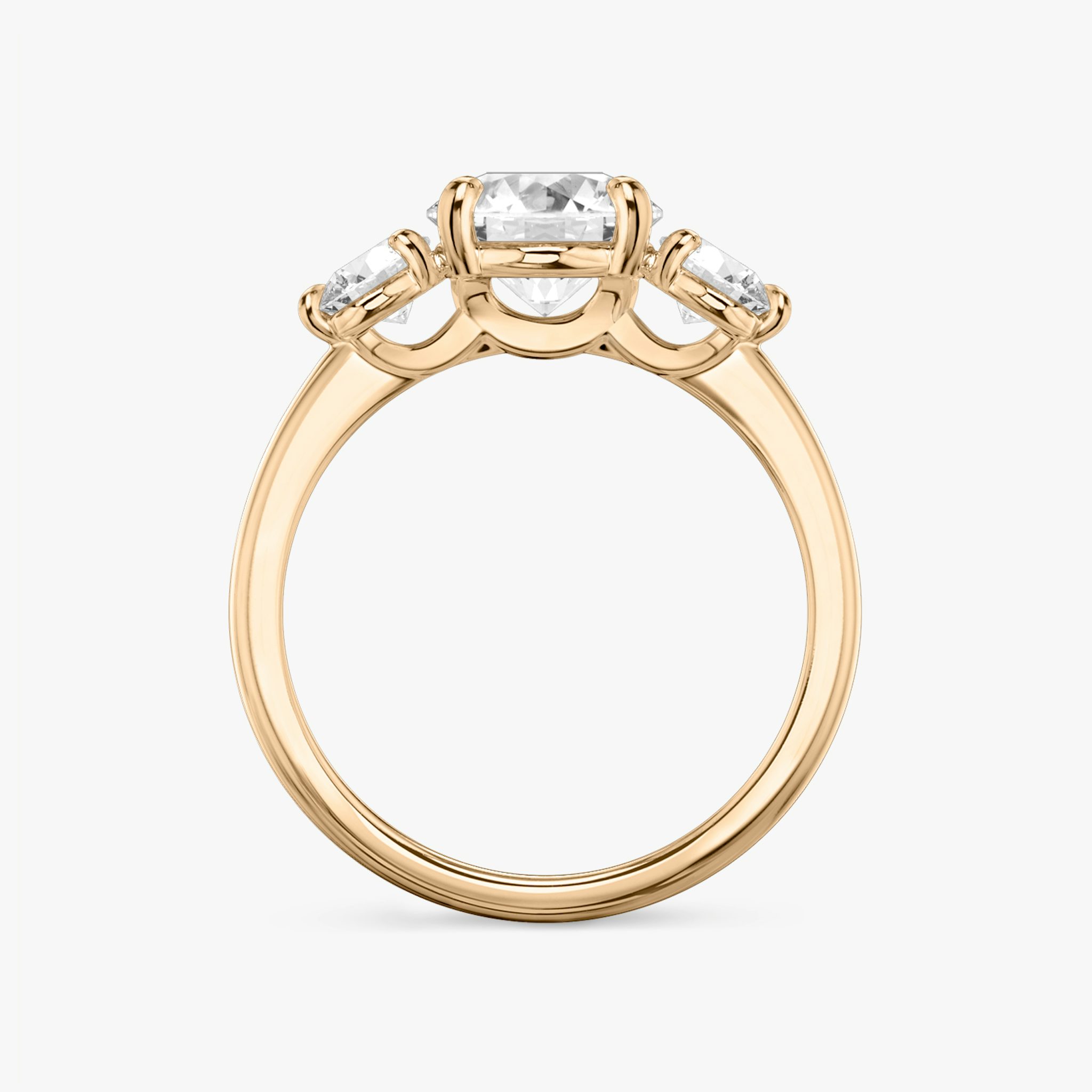 The Three Stone | Round Brilliant | 14k | Rose Gold | bandAccent: Plain | caratWeight: other | sideStoneCarat: 0.25ct | sideStoneShape: Round Brilliant | diamondOrientation: vertical