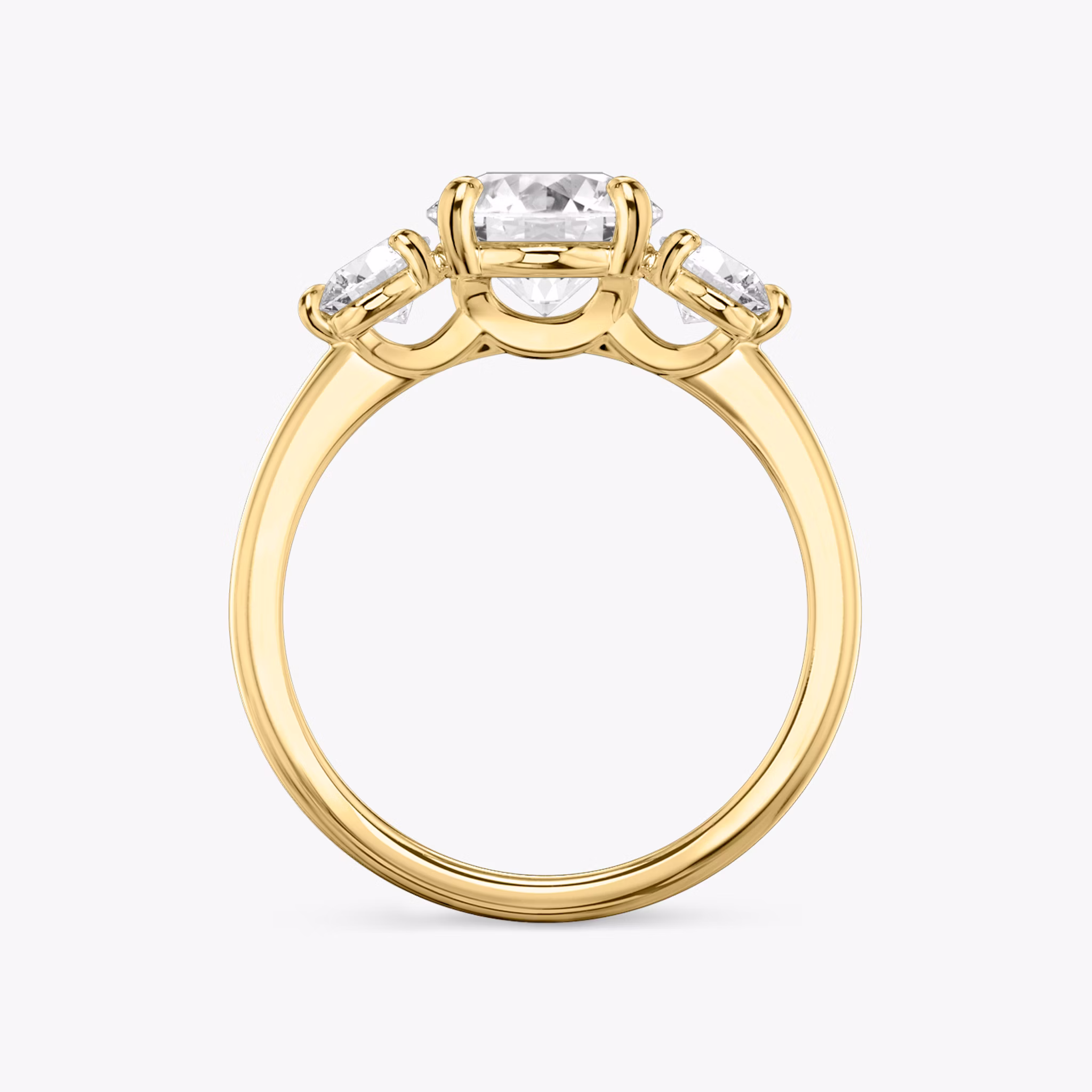 The Three Stone | Round Brilliant | 18k | Yellow Gold | bandAccent: Plain | caratWeight: other | sideStoneCarat: 0.25ct | sideStoneShape: Round Brilliant | diamondOrientation: vertical