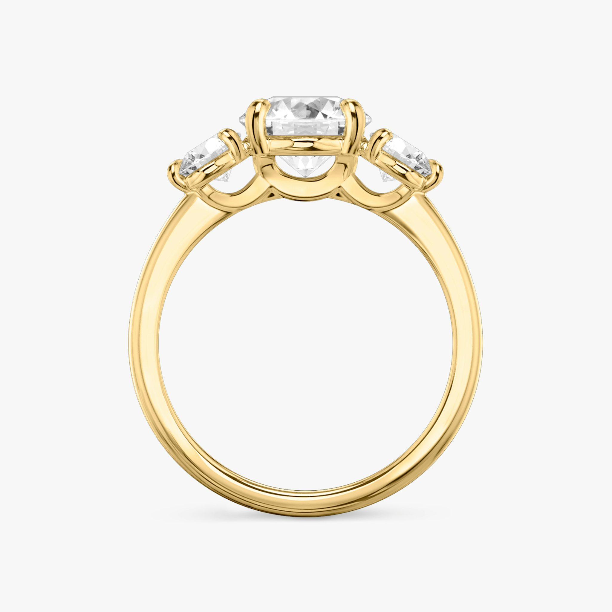 The Three Stone | Round Brilliant | 18k | Yellow Gold | bandAccent: Plain | caratWeight: other | sideStoneCarat: 0.25ct | sideStoneShape: Round Brilliant | diamondOrientation: vertical