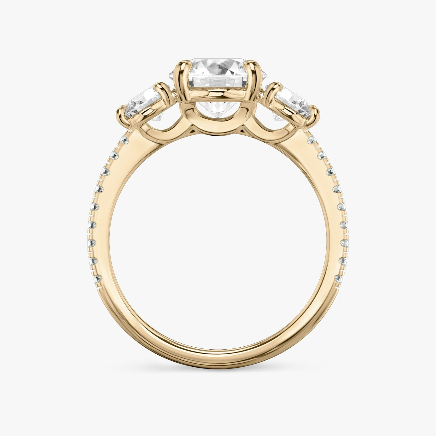 The Three Stone | Round Brilliant | 14k | Rose Gold | bandAccent: Pavé | caratWeight: other | sideStoneCarat: 0.25ct | sideStoneShape: Round Brilliant | diamondOrientation: vertical