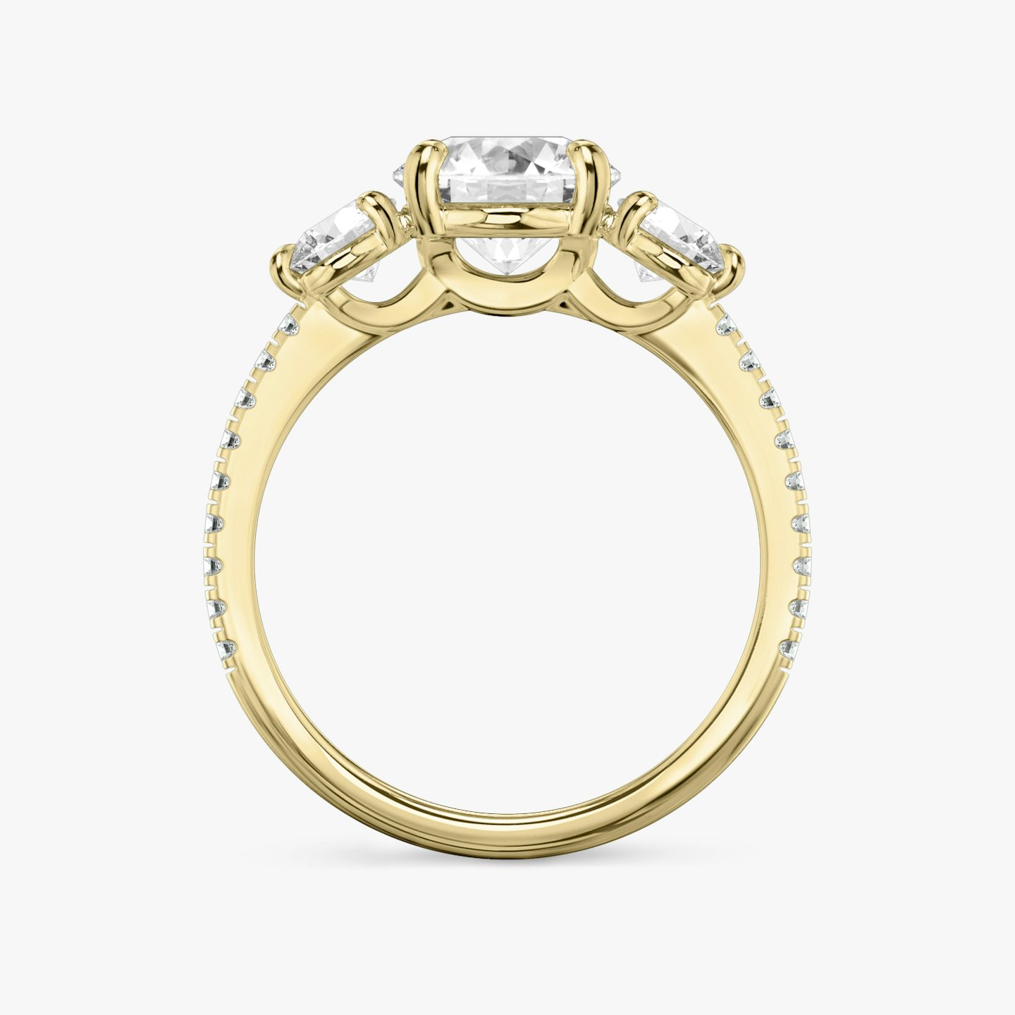 The Three Stone | Round Brilliant | 18k | Yellow Gold | bandAccent: Pavé | caratWeight: other | sideStoneCarat: 0.25ct | sideStoneShape: Round Brilliant | diamondOrientation: vertical
