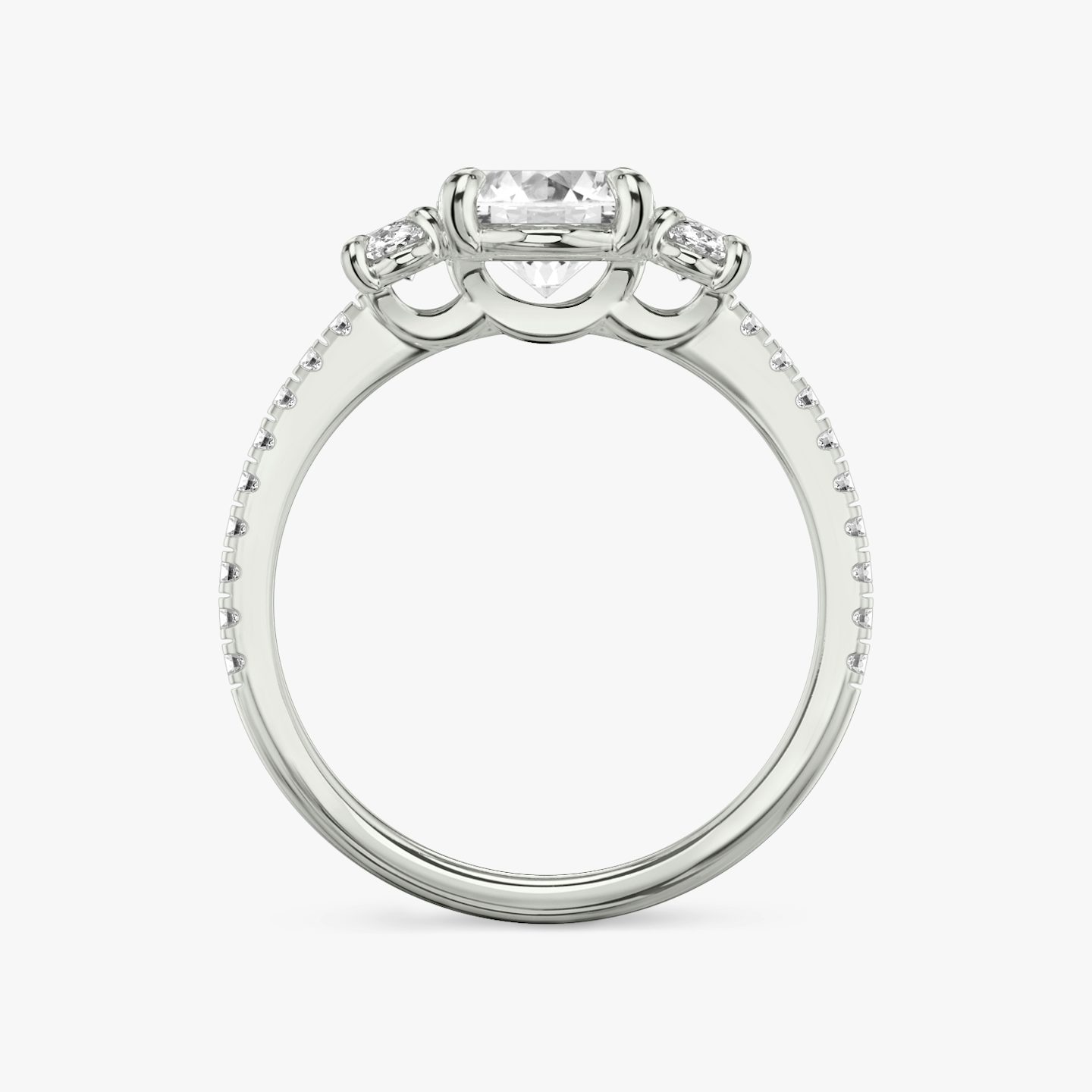 The Three Stone | Oval | 18k | White Gold | bandAccent: Pavé | sideStoneCarat: 0.25ct | sideStoneShape: Oval | diamondOrientation: vertical | caratWeight: other