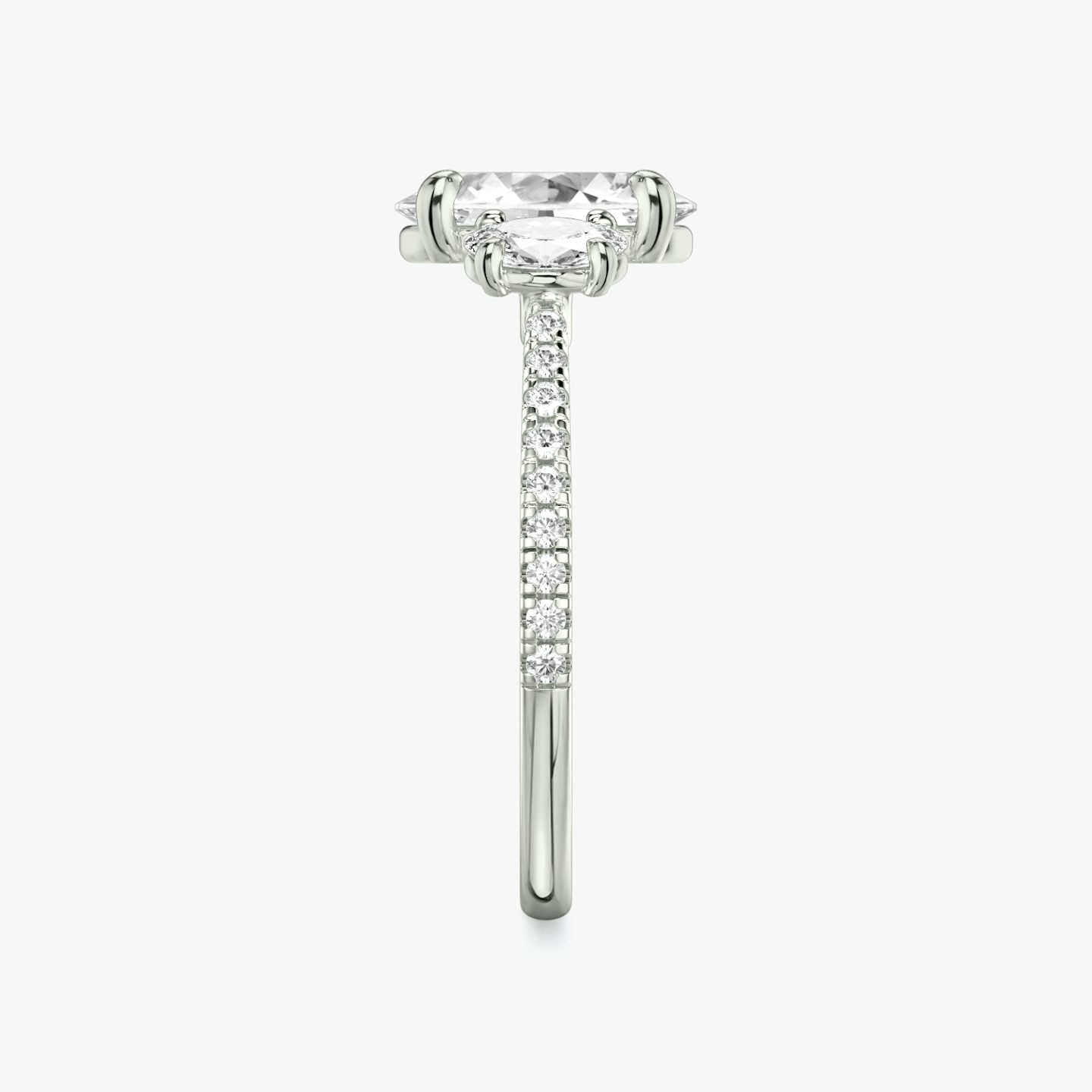 The Three Stone | Oval | 18k | White Gold | bandAccent: Pavé | sideStoneCarat: 0.25ct | sideStoneShape: Oval | diamondOrientation: vertical | caratWeight: other