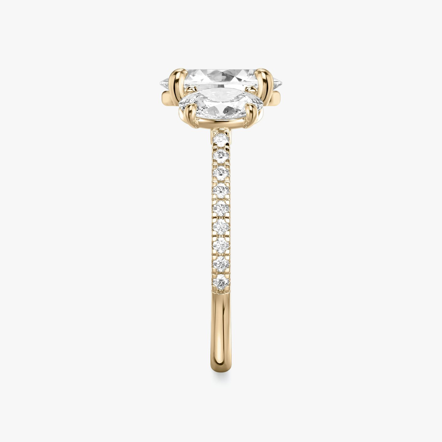The Three Stone | Oval | 14k | Rose Gold | bandAccent: Pavé | sideStoneCarat: 0.50ct | sideStoneShape: Oval | diamondOrientation: vertical | caratWeight: other