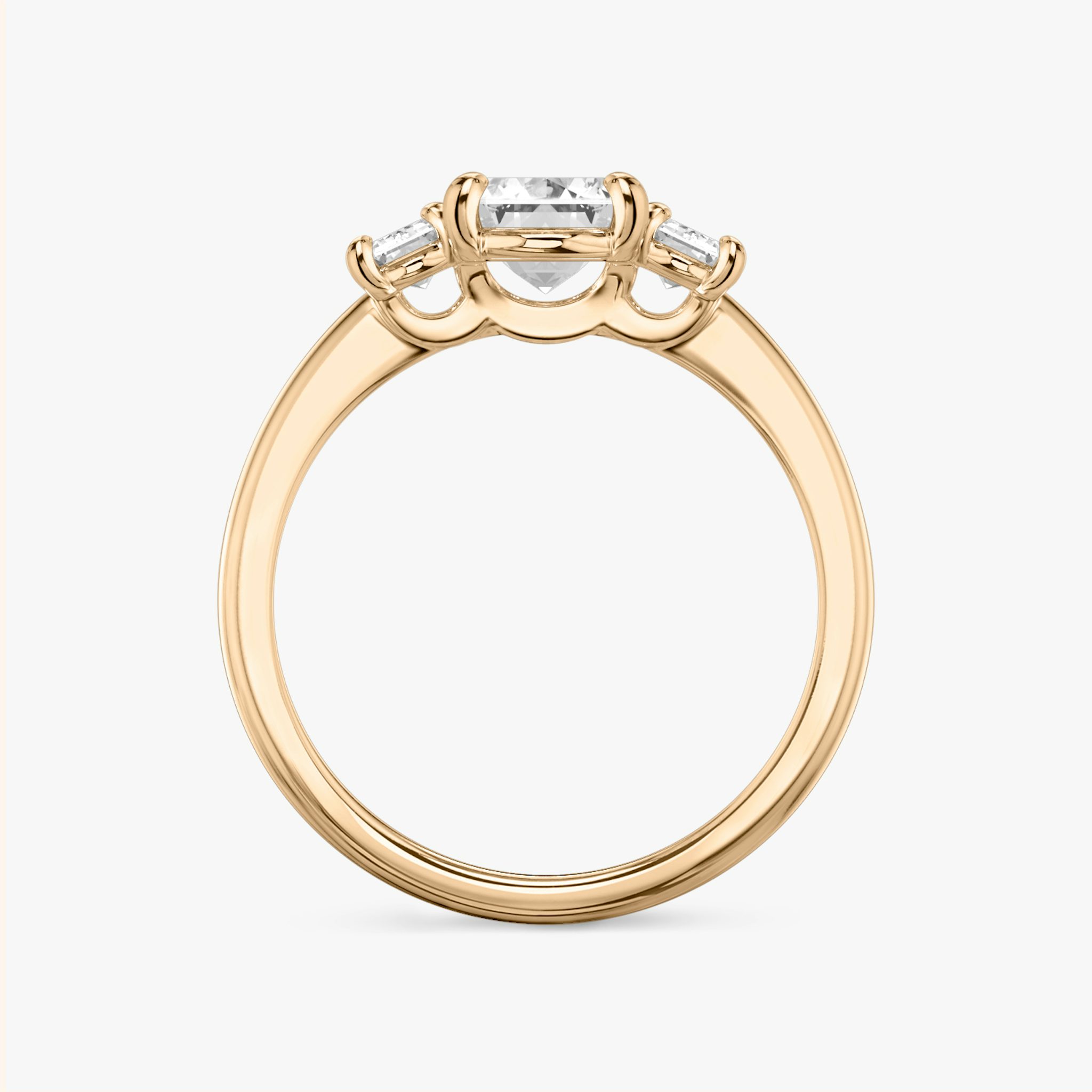The Three Stone | Emerald | 14k | Rose Gold | bandAccent: Plain | sideStoneCarat: 0.25ct | sideStoneShape: Emerald | diamondOrientation: vertical | caratWeight: other