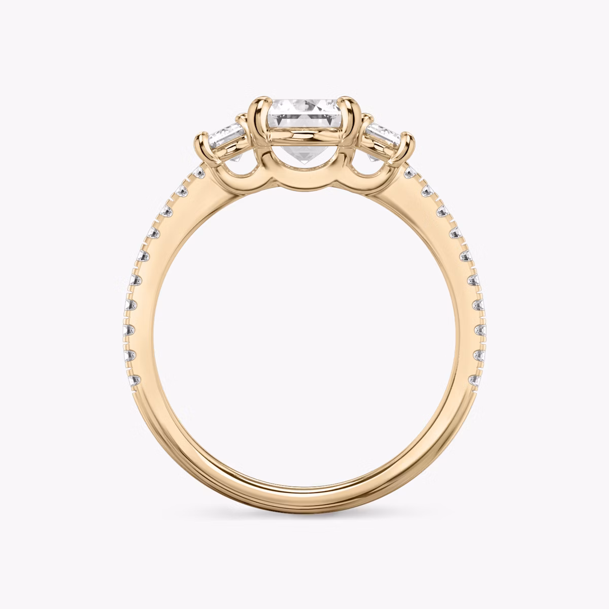 The Three Stone | Emerald | 14k | Rose Gold | bandAccent: Pavé | sideStoneCarat: 0.25ct | sideStoneShape: Emerald | diamondOrientation: vertical | caratWeight: other