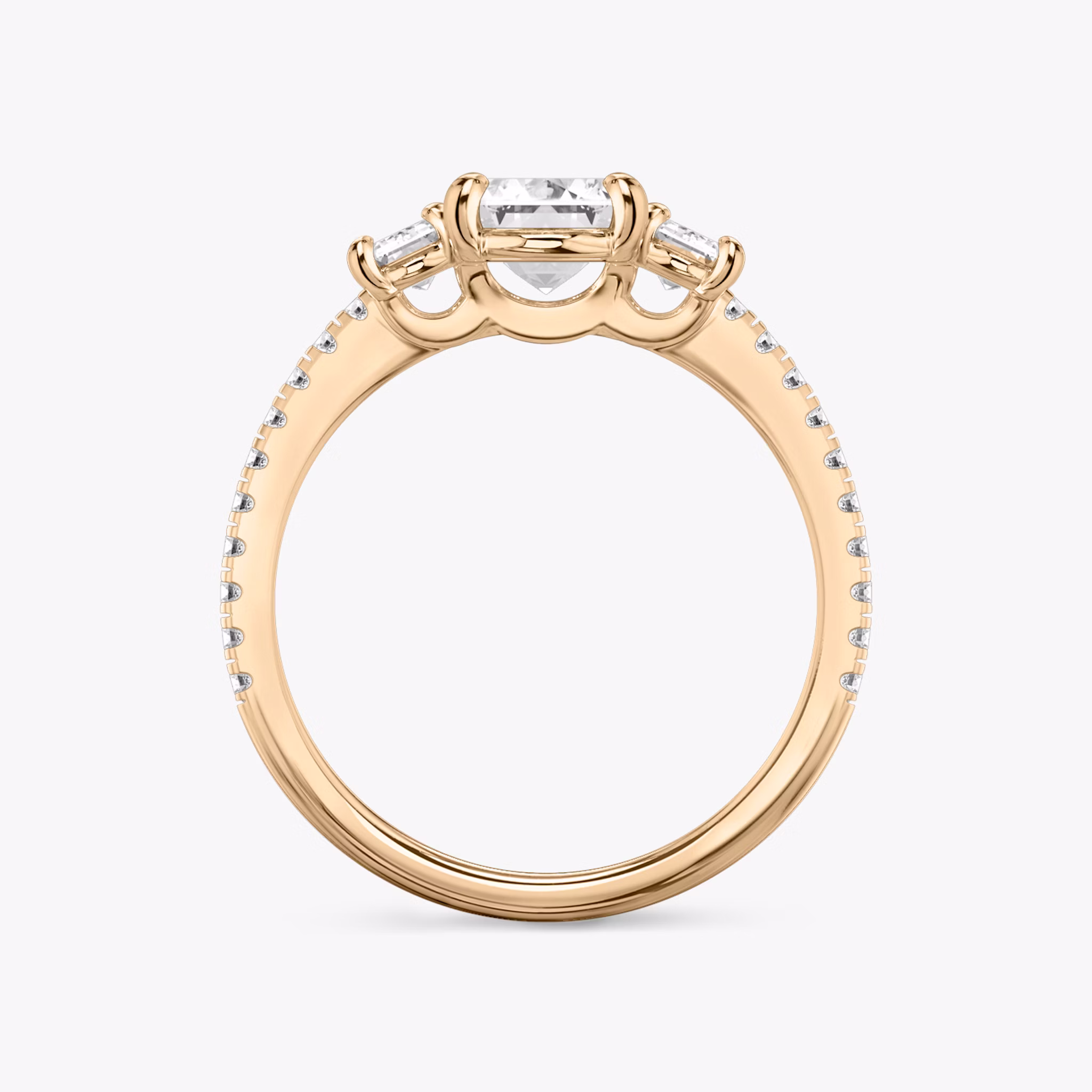 The Three Stone | Emerald | 14k | Rose Gold | bandAccent: Pavé | sideStoneCarat: 0.25ct | sideStoneShape: Emerald | diamondOrientation: vertical | caratWeight: other