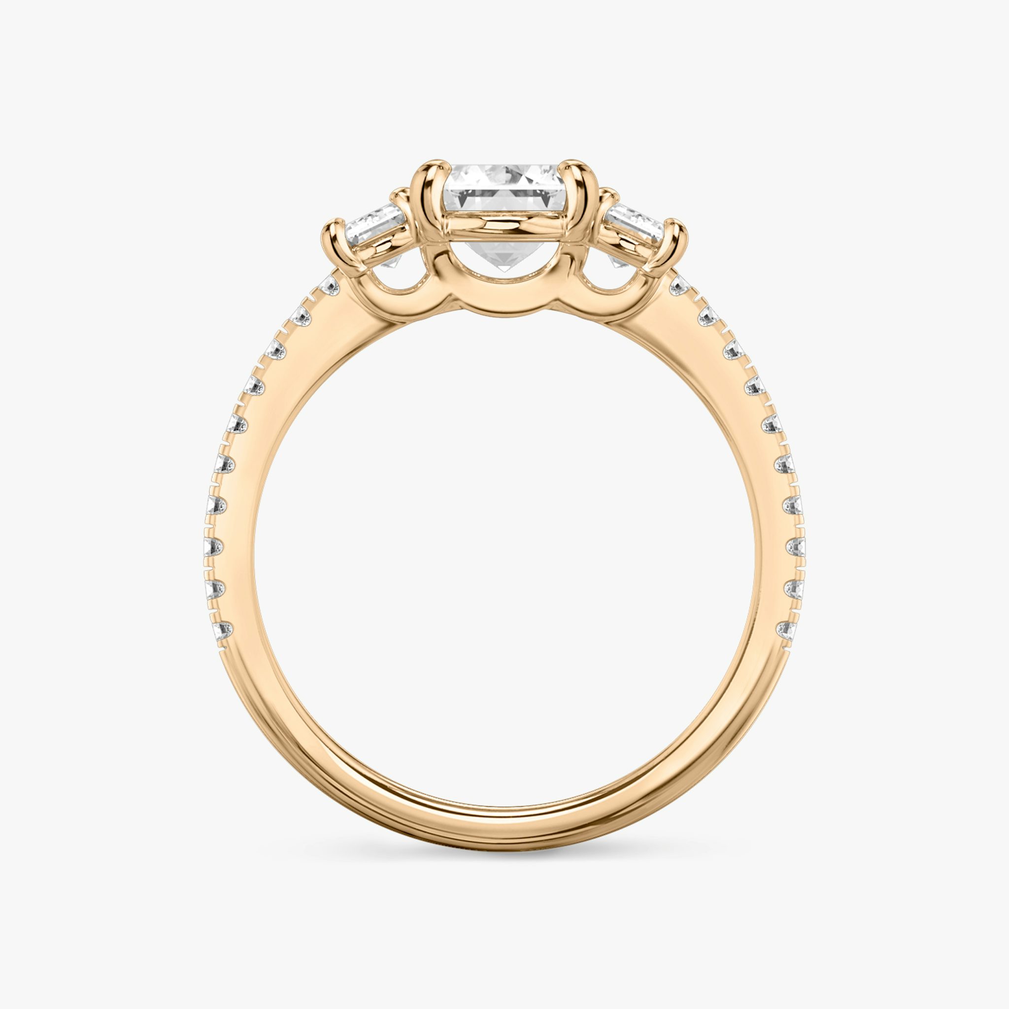 The Three Stone | Emerald | 14k | Rose Gold | bandAccent: Pavé | sideStoneCarat: 0.25ct | sideStoneShape: Emerald | diamondOrientation: vertical | caratWeight: other