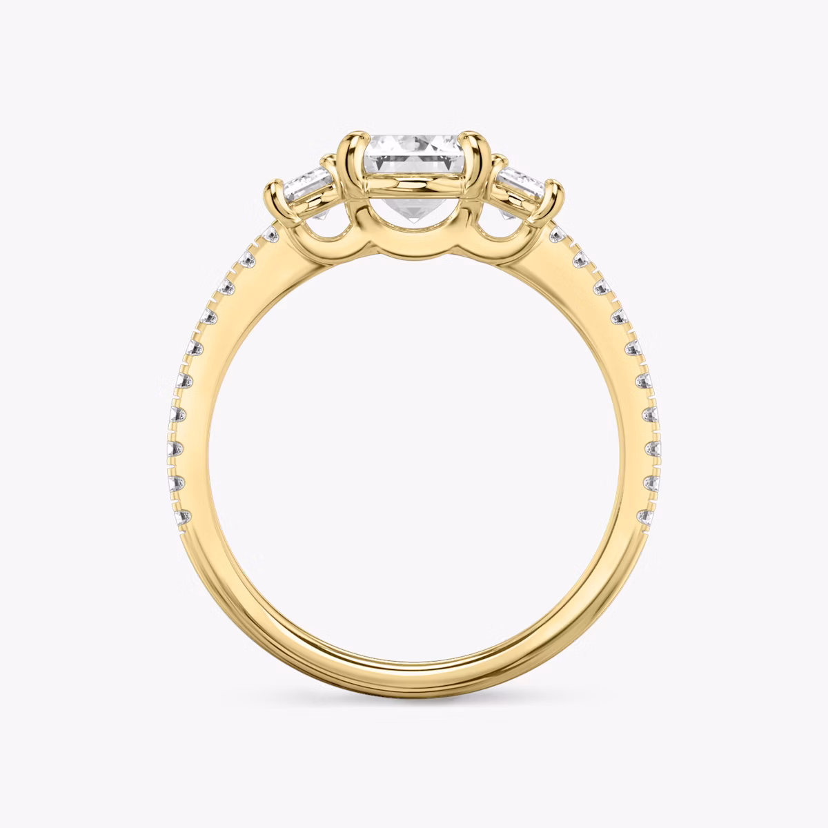 The Three Stone | Emerald | 18k | Yellow Gold | bandAccent: Pavé | sideStoneCarat: 0.25ct | sideStoneShape: Emerald | diamondOrientation: vertical | caratWeight: other
