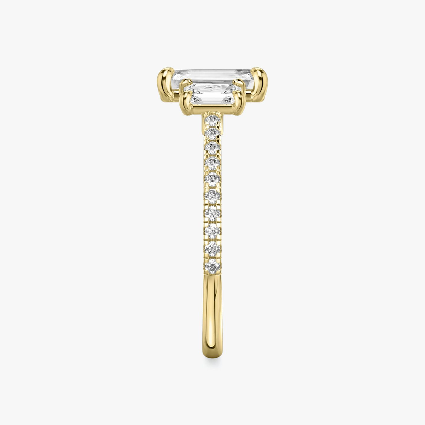 The Three Stone | Emerald | 18k | Yellow Gold | bandAccent: Pavé | sideStoneCarat: 0.25ct | sideStoneShape: Emerald | diamondOrientation: vertical | caratWeight: other