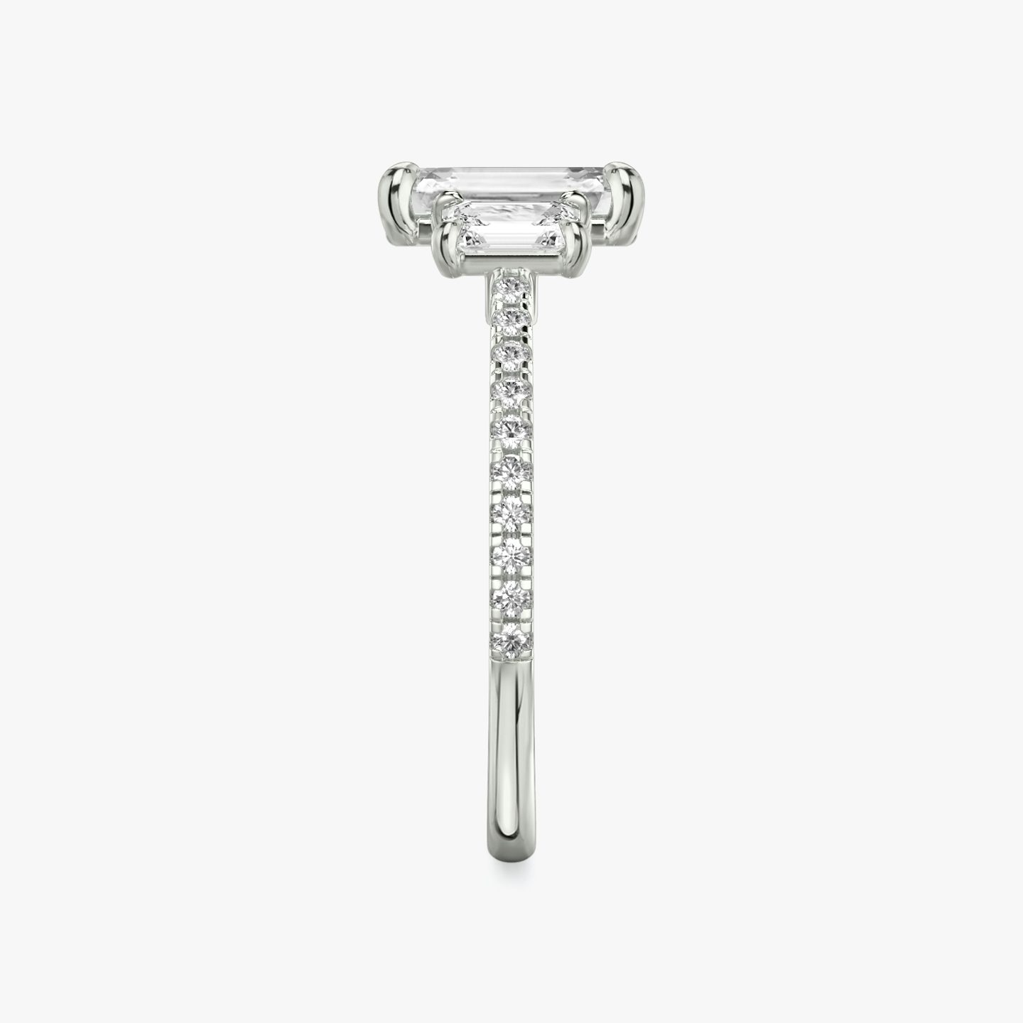 The Three Stone | Emerald | 18k | White Gold | bandAccent: Pavé | sideStoneCarat: 0.25ct | sideStoneShape: Emerald | diamondOrientation: vertical | caratWeight: other