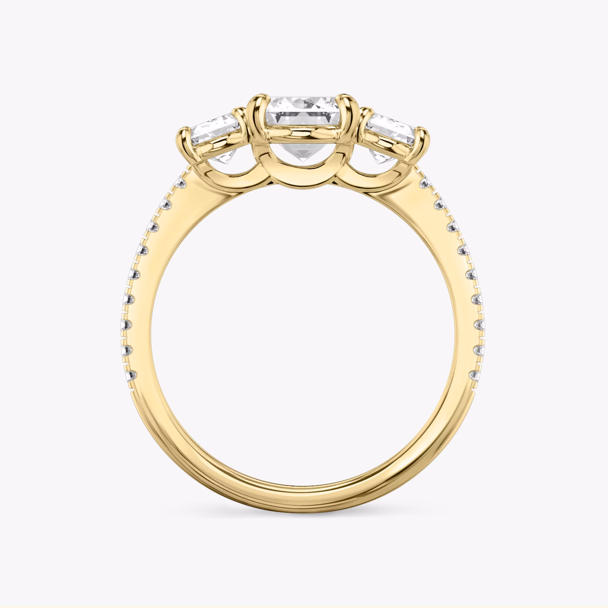 The Three Stone | Emerald | 18k | Yellow Gold | bandAccent: Pavé | sideStoneCarat: 0.50ct | sideStoneShape: Emerald | diamondOrientation: vertical | caratWeight: other