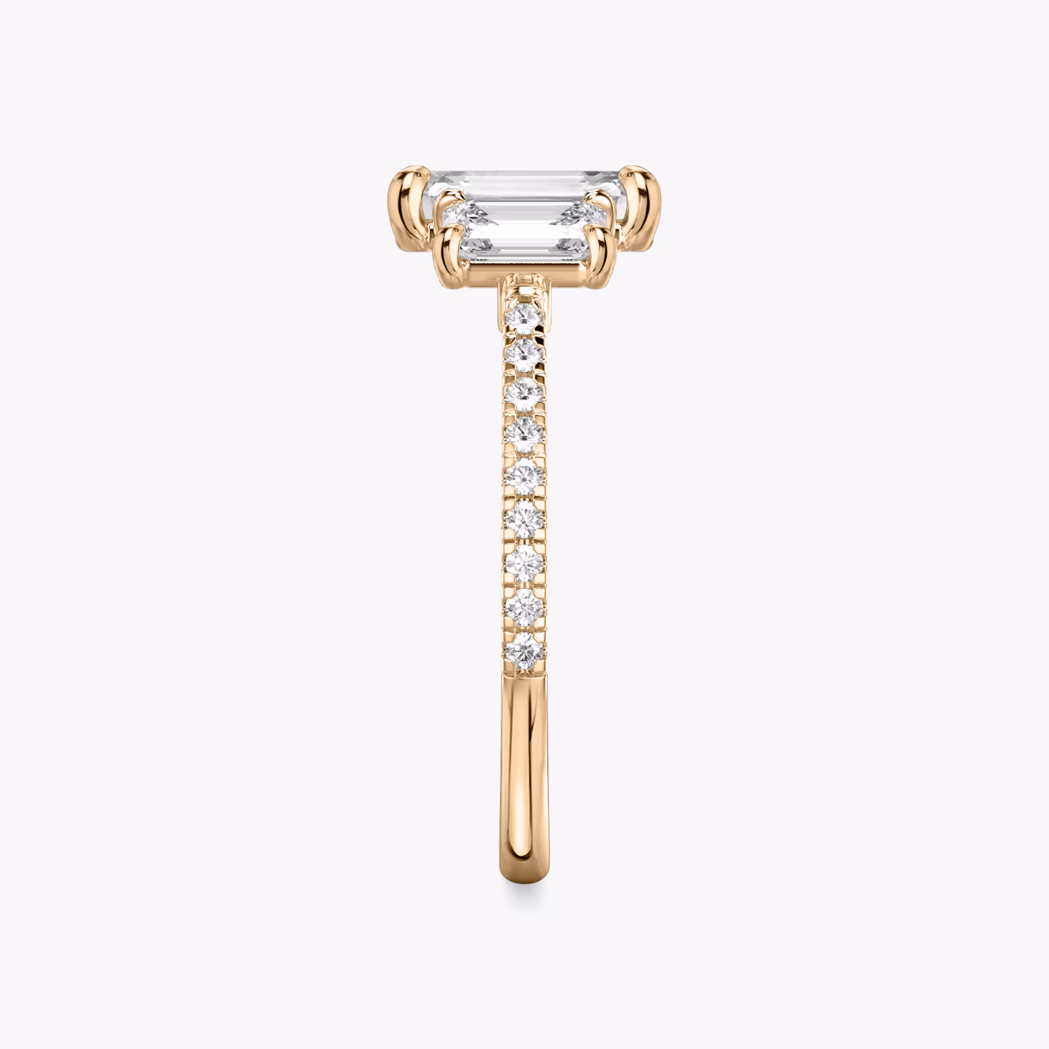 The Three Stone | Emerald | 14k | Rose Gold | bandAccent: Pavé | sideStoneCarat: 0.50ct | sideStoneShape: Emerald | diamondOrientation: vertical | caratWeight: other