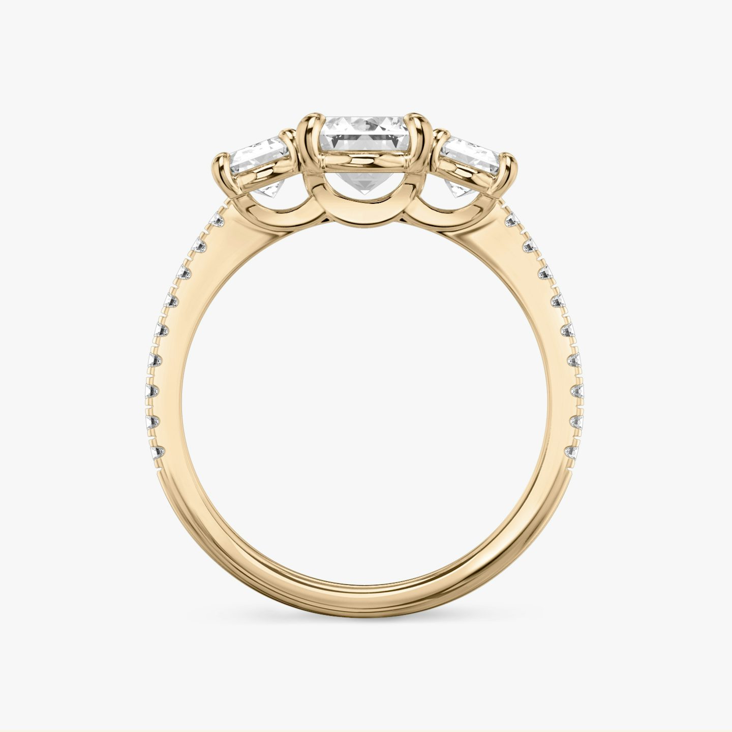 The Three Stone | Emerald | 14k | Rose Gold | bandAccent: Pavé | sideStoneCarat: 0.50ct | sideStoneShape: Emerald | diamondOrientation: vertical | caratWeight: other