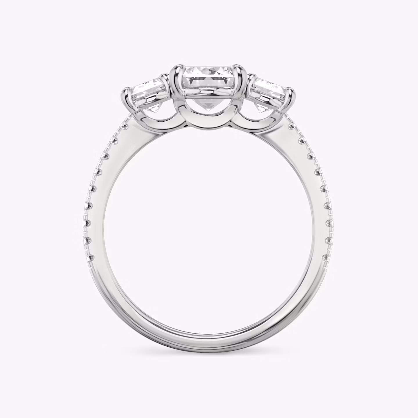 The Three Stone | Emerald | 18k | White Gold | bandAccent: Pavé | sideStoneCarat: 0.50ct | sideStoneShape: Emerald | diamondOrientation: vertical | caratWeight: other