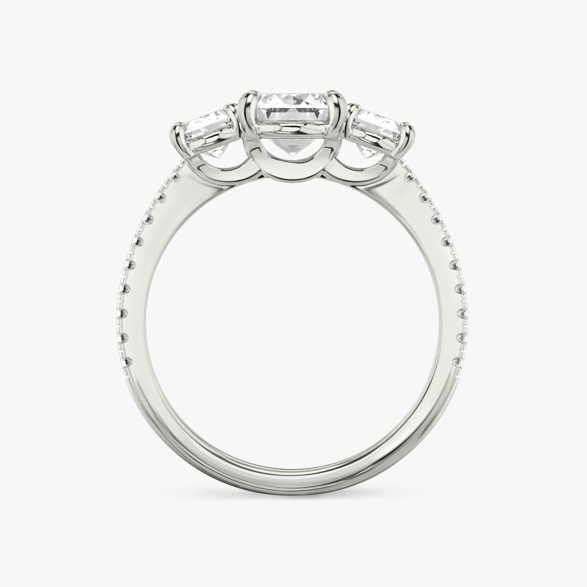 The Three Stone | Emerald | 18k | White Gold | bandAccent: Pavé | sideStoneCarat: 0.50ct | sideStoneShape: Emerald | diamondOrientation: vertical | caratWeight: other