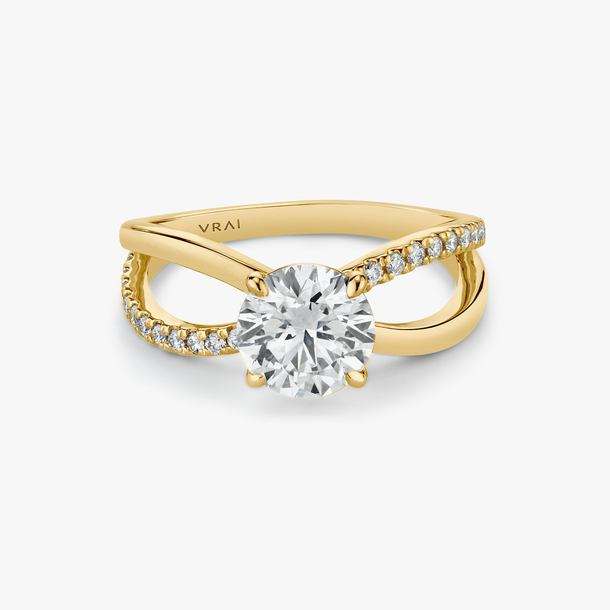 Yellow gold Duet ring with 1.00ct round brilliant-cut center diamond and pavé band, shown on white background.