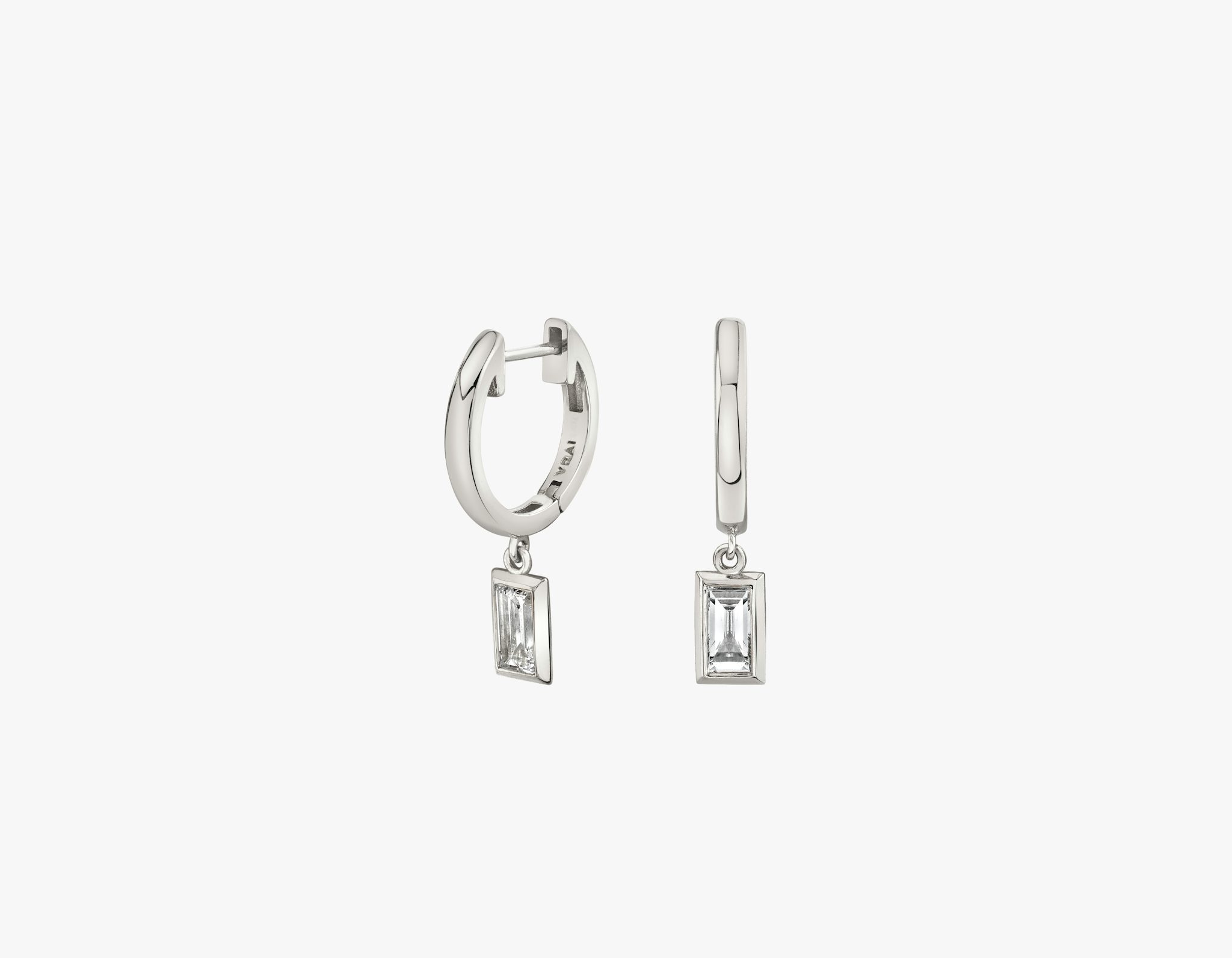 A pair of white gold Knife-Edge Bezel Drop Huggie Hoops.