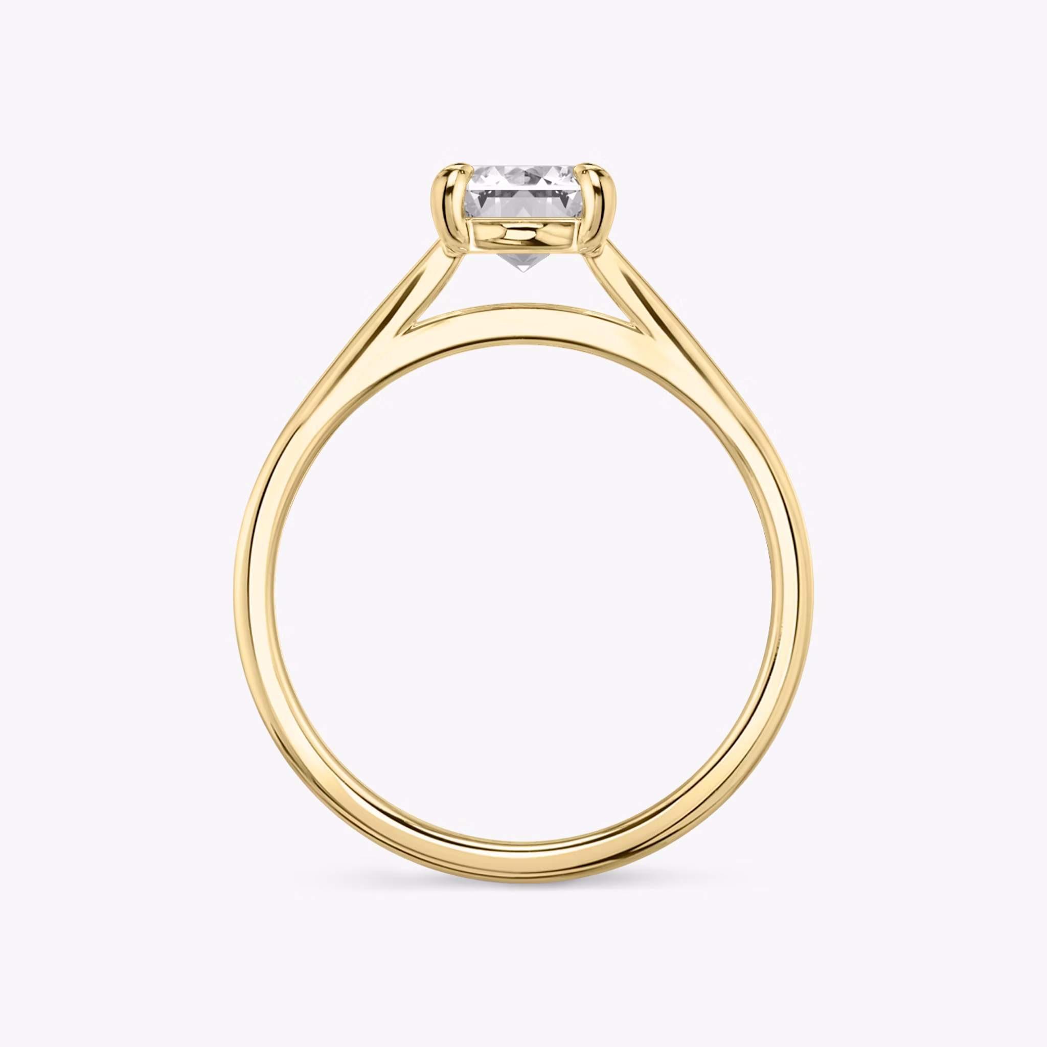 A Cathedral-style engagement ring with a gold band.