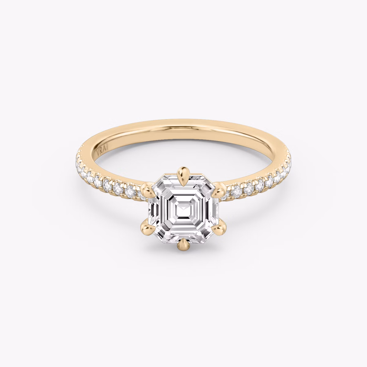 The Signature 6 Prong | Asscher | 14k | Rose Gold | bandAccent: Pavé | bandWidth: standard | hiddenHalo: no | diamondOrientation: vertical | caratWeight: other