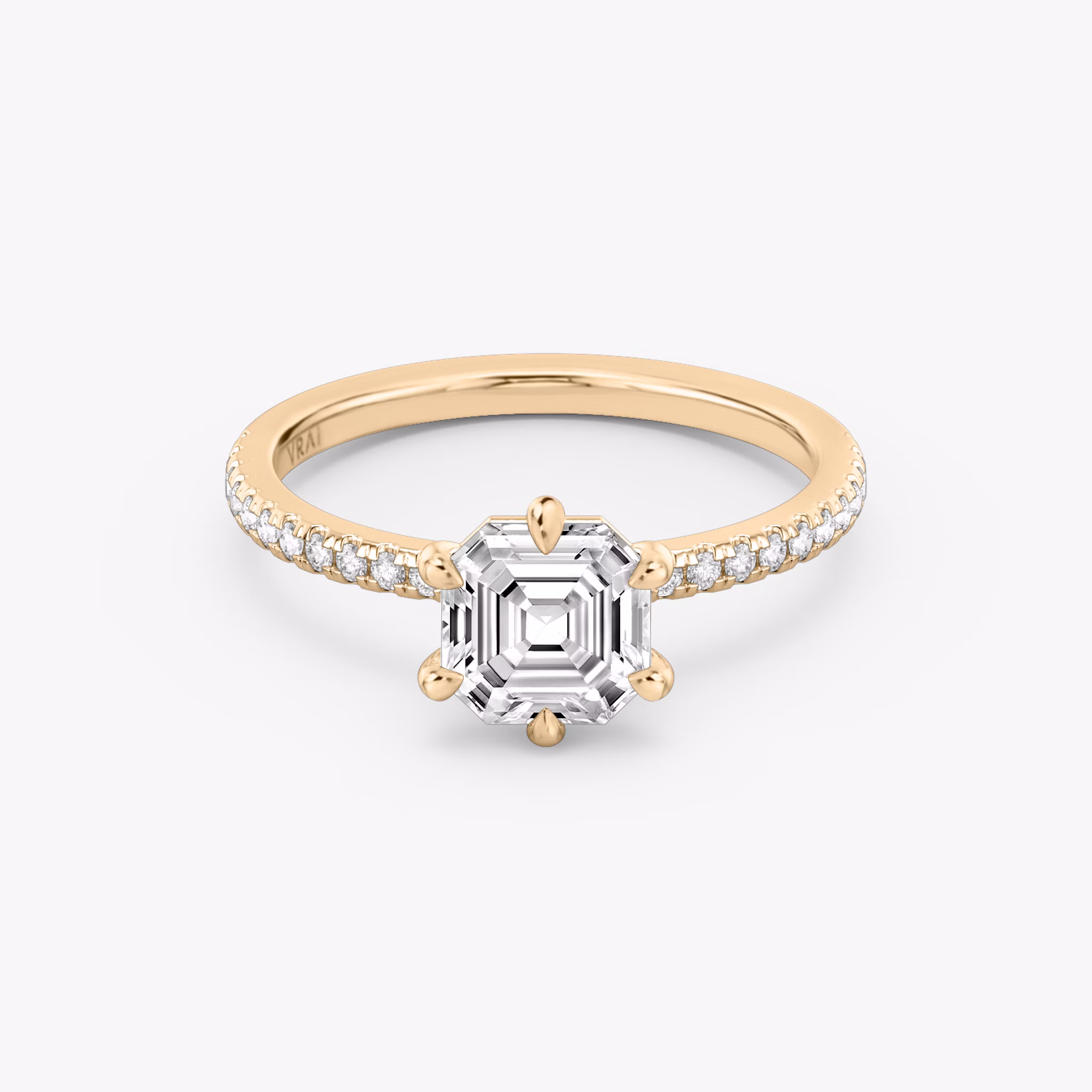 The Signature 6 Prong | Asscher | 14k | Rose Gold | bandAccent: Pavé | bandWidth: standard | hiddenHalo: no | diamondOrientation: vertical | caratWeight: other