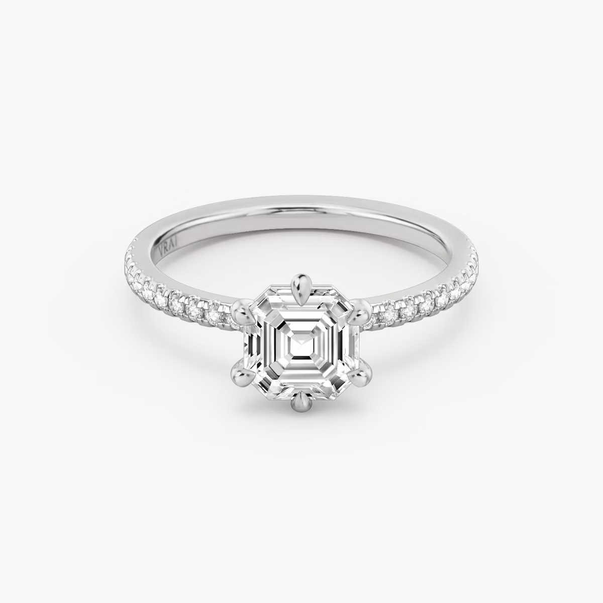 The Signature 6 Prong | Asscher | Platinum | bandAccent: Pavé | bandWidth: standard | hiddenHalo: no | diamondOrientation: vertical | caratWeight: other