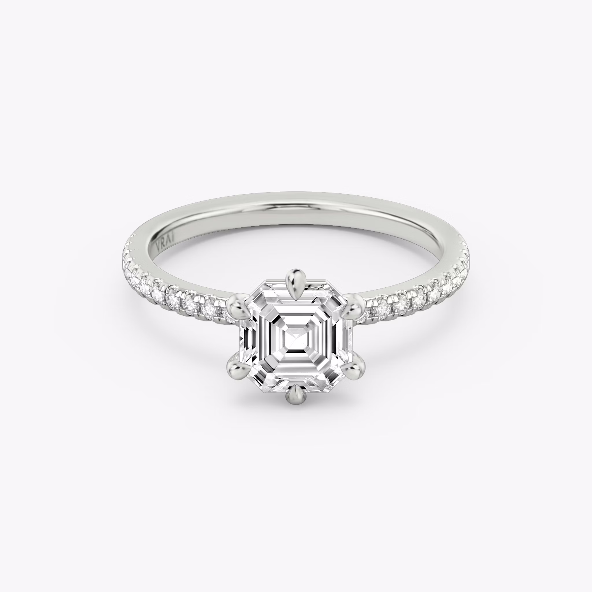 The Signature 6 Prong | Asscher | 18k | White Gold | bandAccent: Pavé | bandWidth: standard | hiddenHalo: no | diamondOrientation: vertical | caratWeight: other