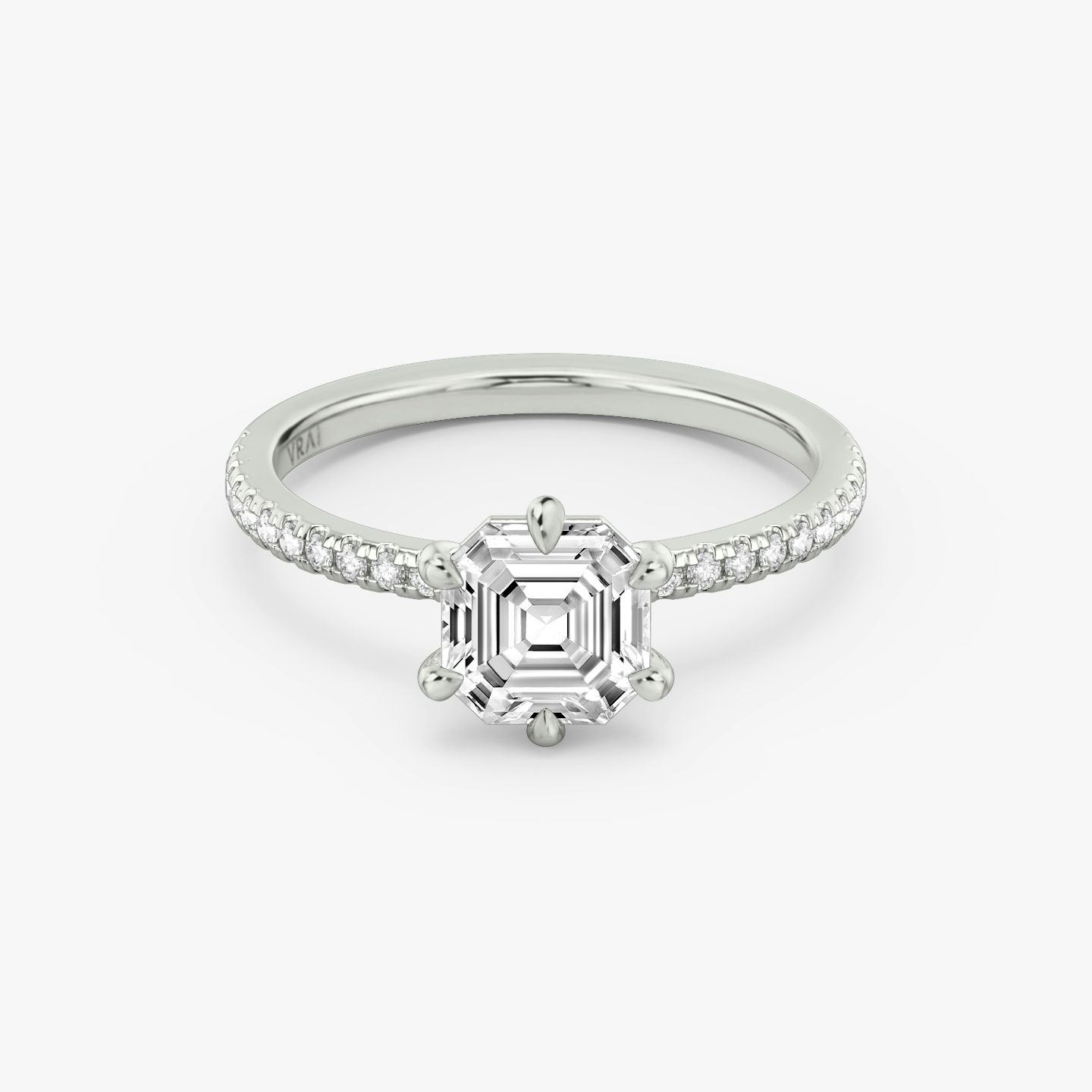 The Signature 6 Prong | Asscher | Platinum | bandAccent: Pavé | bandWidth: standard | hiddenHalo: no | diamondOrientation: vertical | caratWeight: other