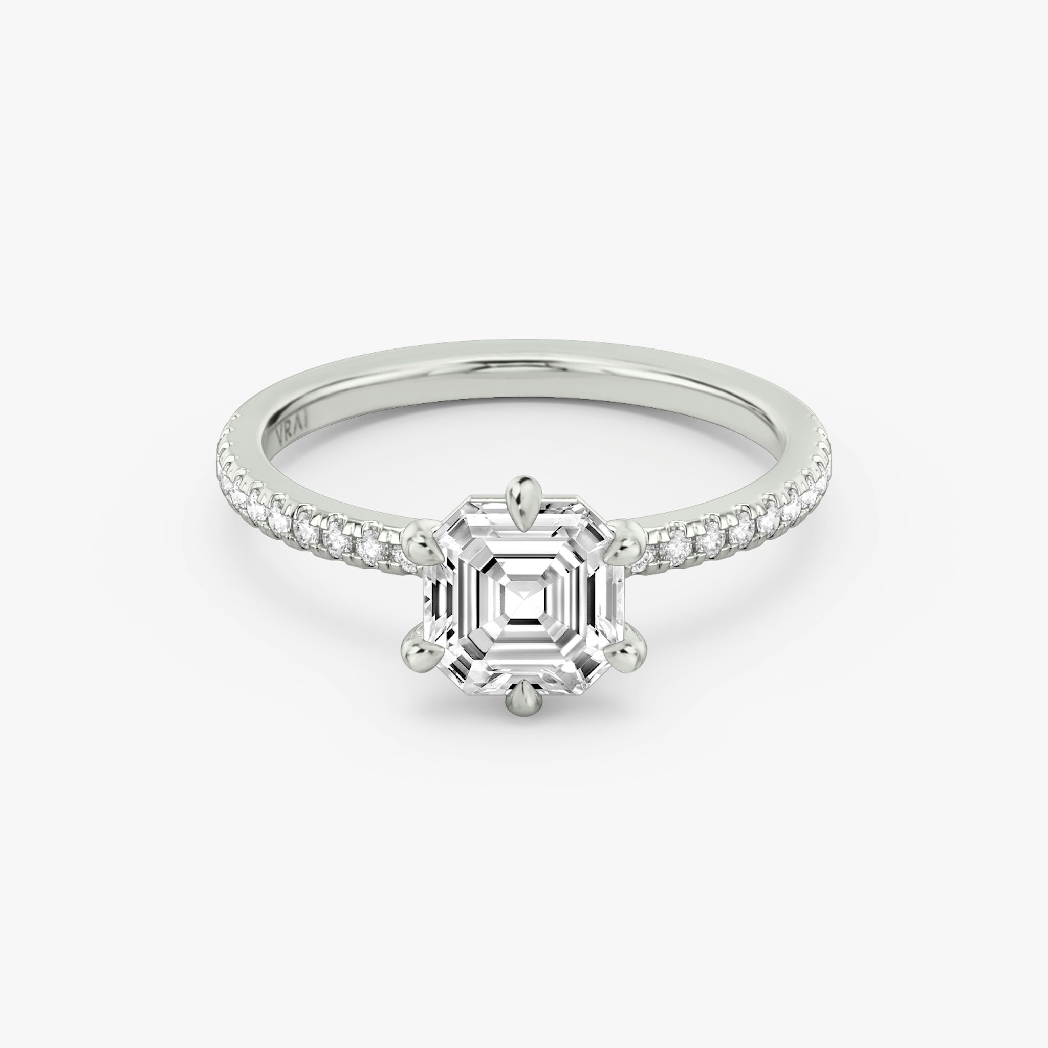The Signature 6 Prong | Asscher | 18k | White Gold | bandAccent: Pavé | bandWidth: standard | hiddenHalo: no | diamondOrientation: vertical | caratWeight: other