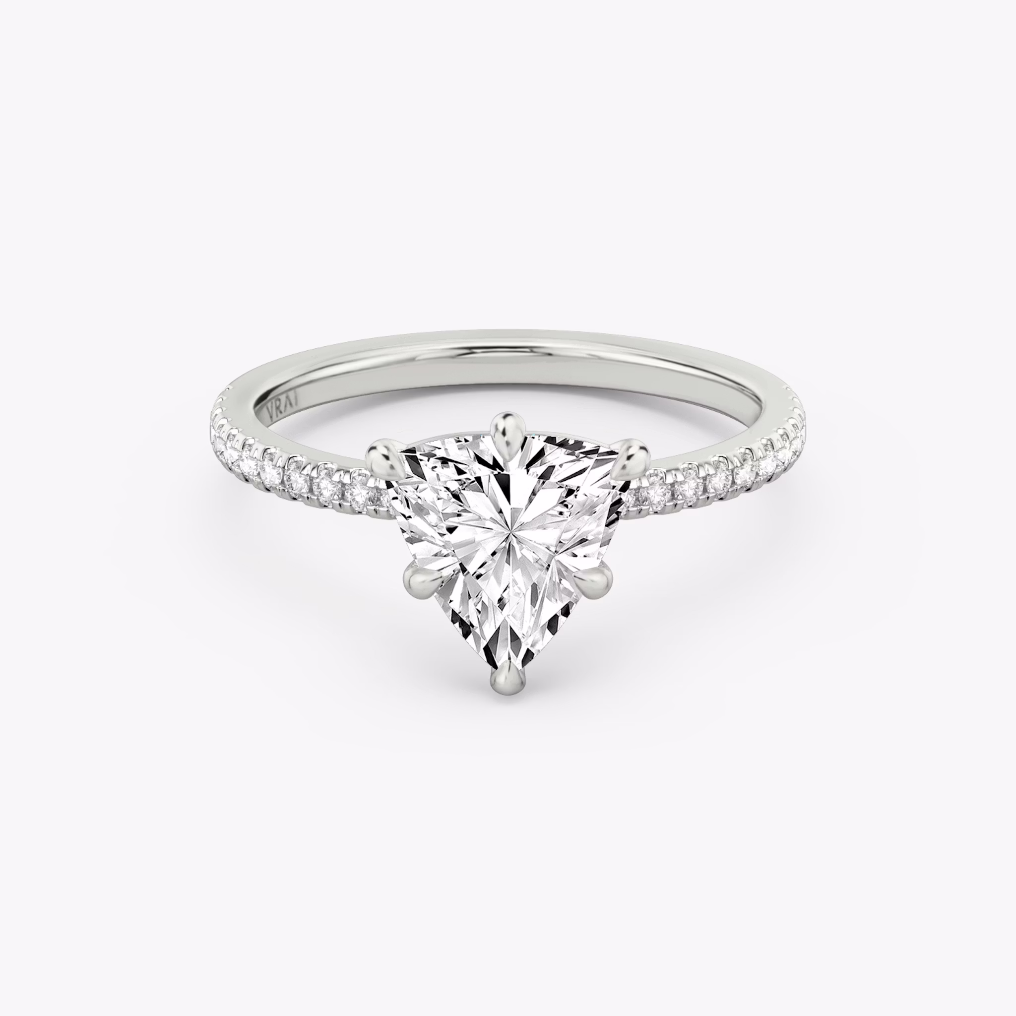 The Signature 6 Prong | Trillion | 18k | White Gold | bandAccent: Pavé | bandWidth: standard | hiddenHalo: no | diamondOrientation: vertical | caratWeight: other