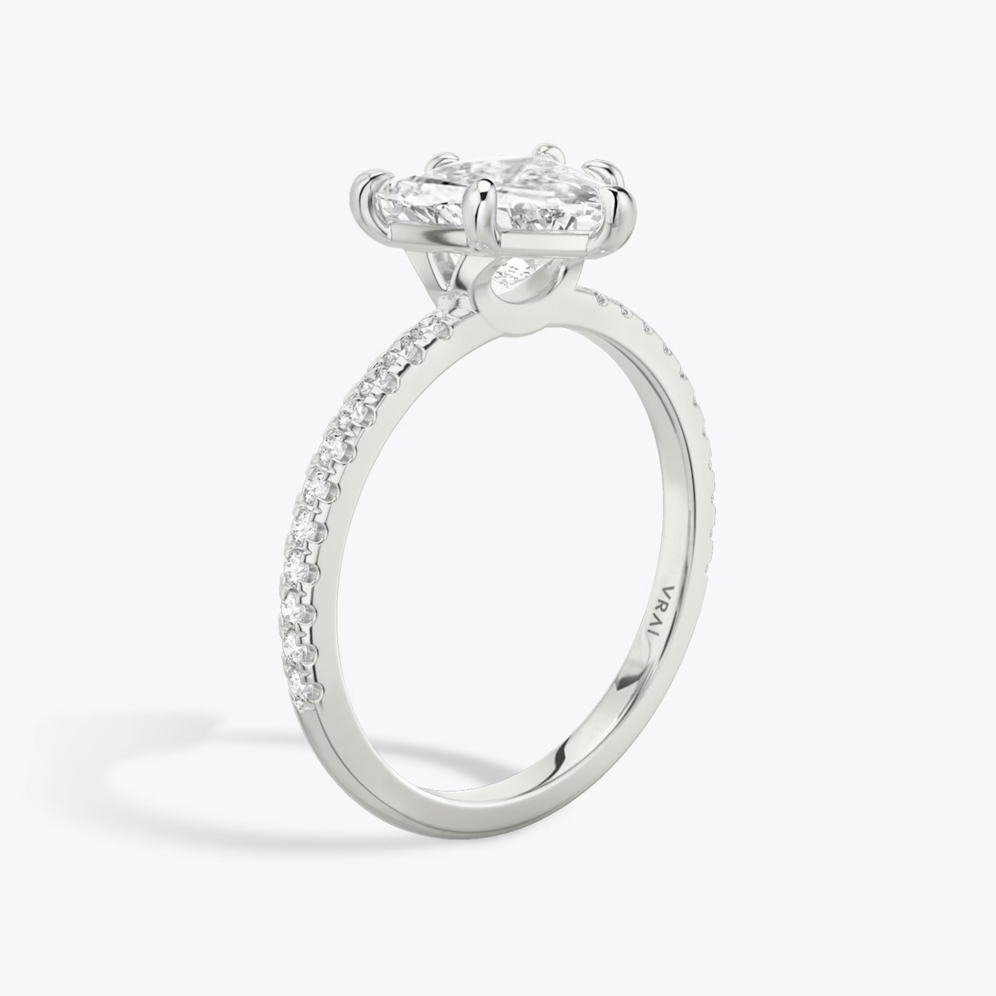 The Signature 6 Prong | Trillion | 18k | White Gold | bandAccent: Pavé | bandWidth: standard | hiddenHalo: no | diamondOrientation: vertical | caratWeight: other