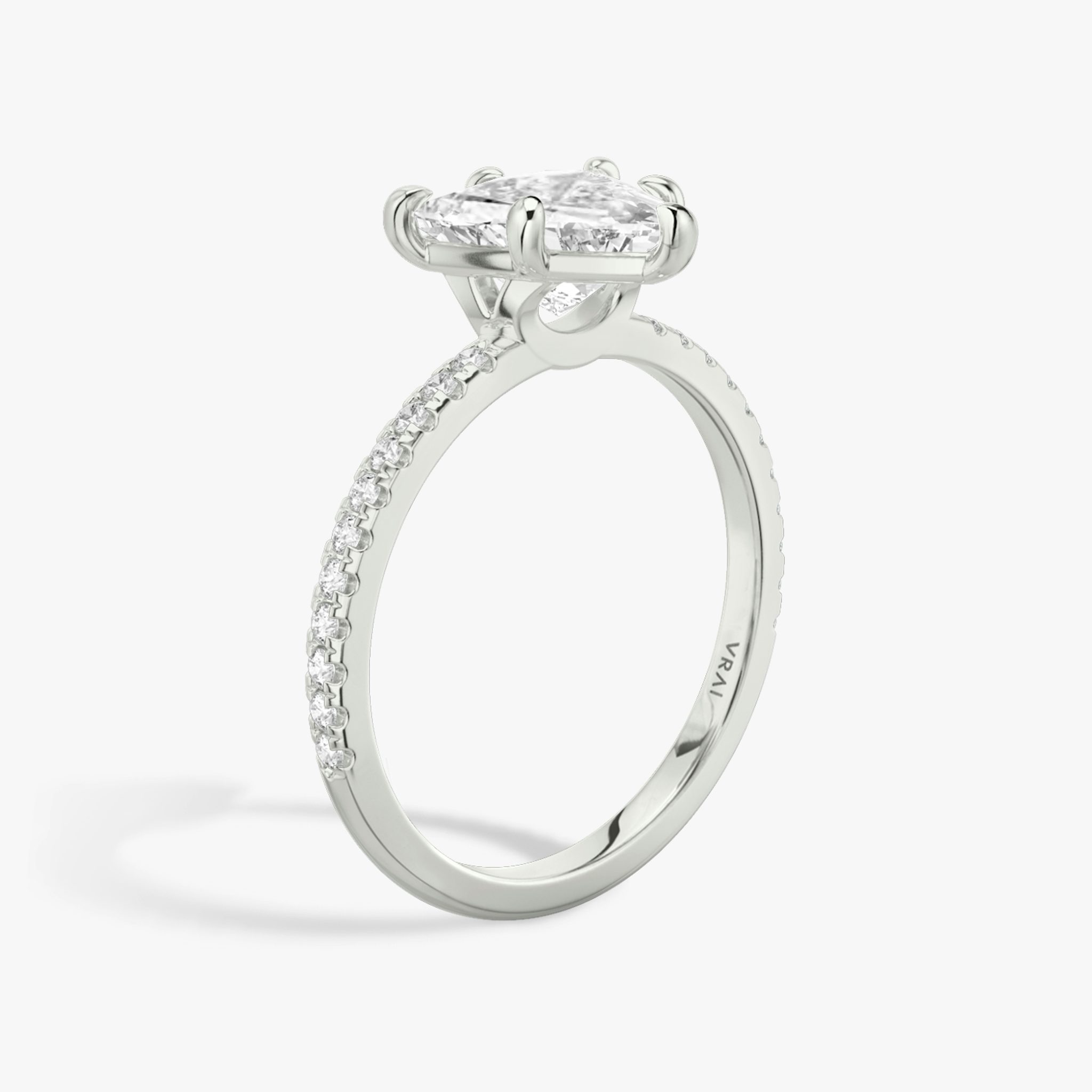 The Signature 6 Prong | Trillion | 18k | White Gold | bandAccent: Pavé | bandWidth: standard | hiddenHalo: no | diamondOrientation: vertical | caratWeight: other