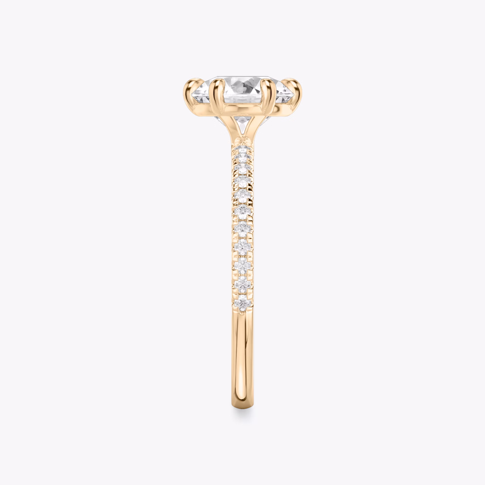 The Signature 6 Prong | Round Brilliant | 14k | Rose Gold | bandAccent: Pavé | bandWidth: standard | caratWeight: other | hiddenHalo: no | diamondOrientation: vertical