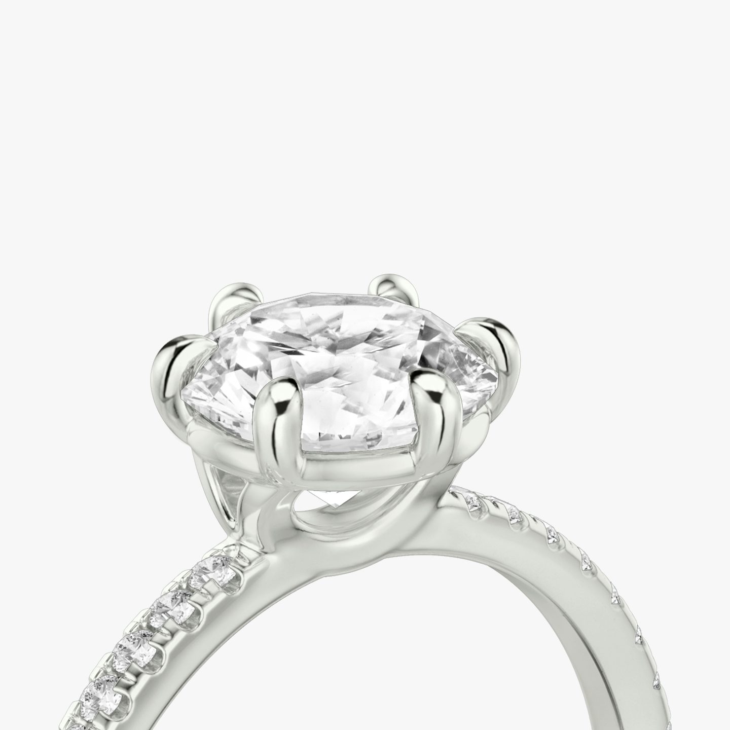The Signature 6 Prong | Round Brilliant | Platinum | bandAccent: Pavé | bandWidth: standard | caratWeight: 1.0ct | hiddenHalo: no | diamondOrientation: vertical