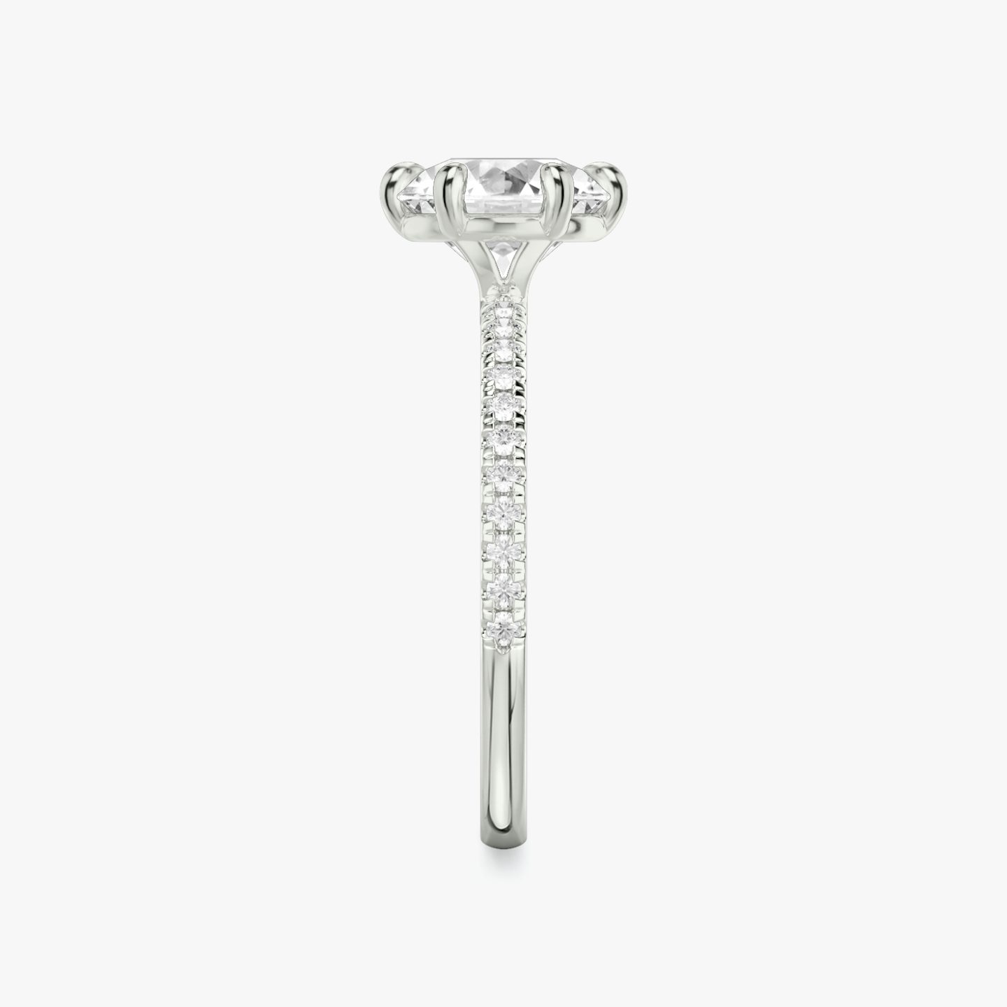 The Signature 6 Prong | Round Brilliant | Platinum | bandAccent: Pavé | bandWidth: standard | caratWeight: 1.0ct | hiddenHalo: no | diamondOrientation: vertical