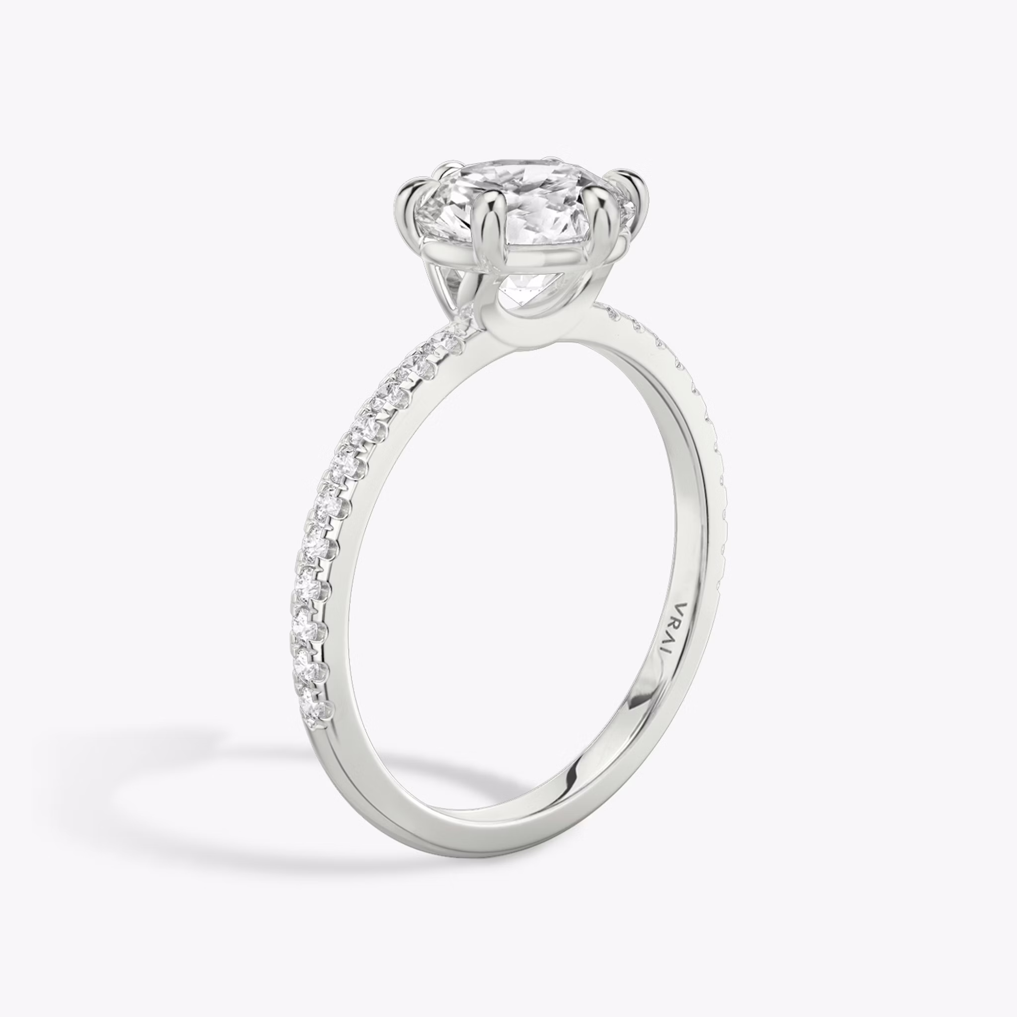 The Signature 6 Prong | Round Brilliant | 18k | White Gold | bandAccent: Pavé | bandWidth: standard | caratWeight: other | hiddenHalo: no | diamondOrientation: vertical