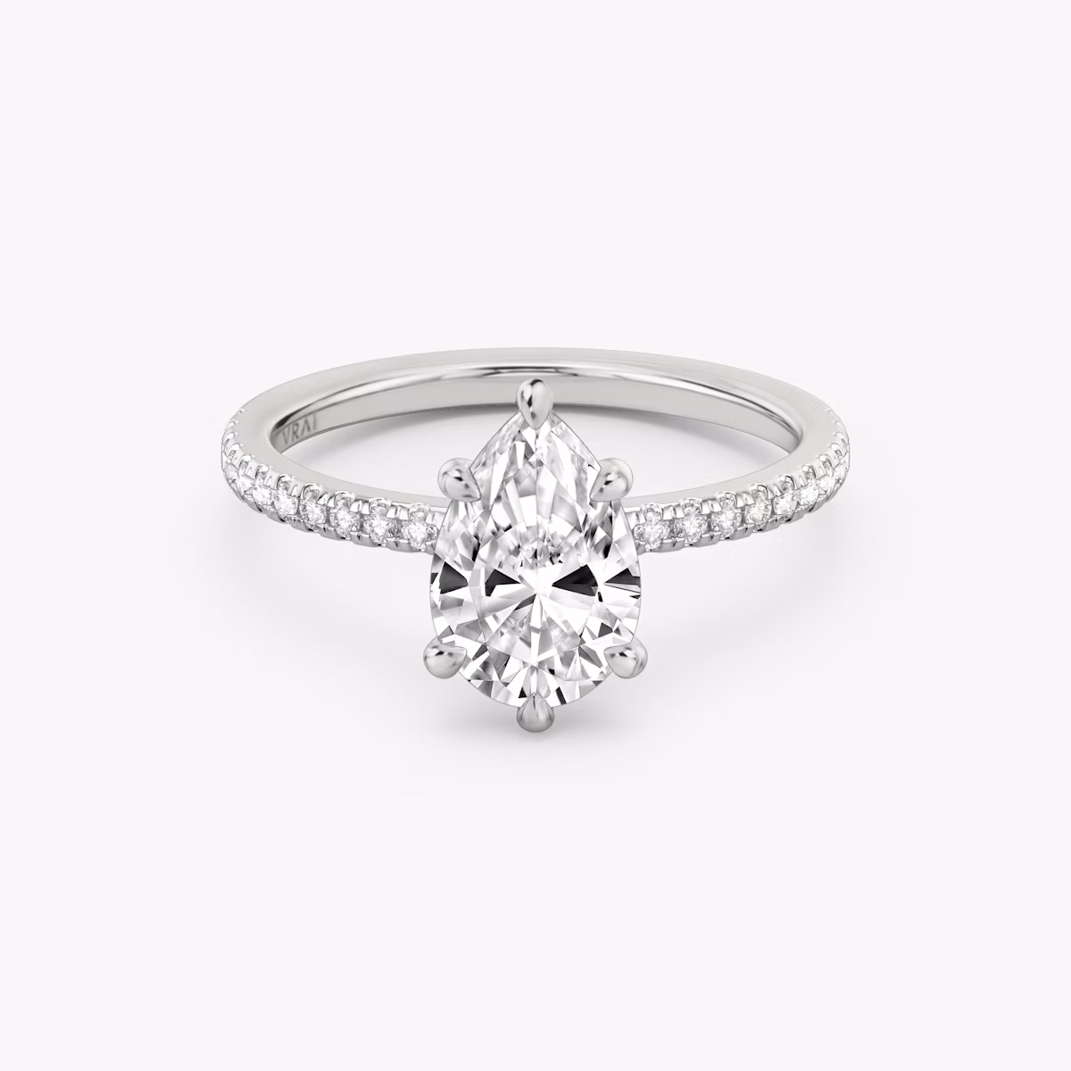 The Signature 6 Prong | Pear | Platinum | bandAccent: Pavé | bandWidth: standard | hiddenHalo: no | diamondOrientation: vertical | caratWeight: other