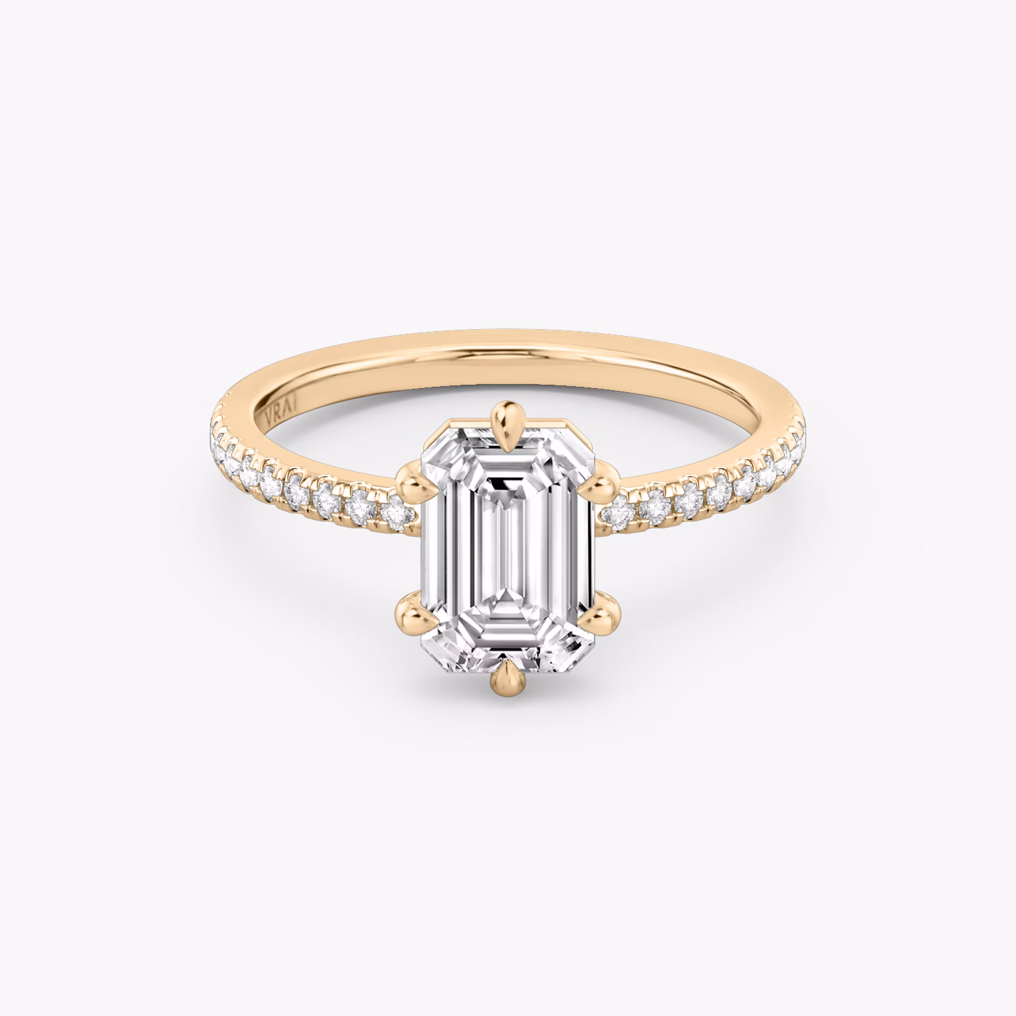 The Signature 6 Prong | Emerald | 14k | Rose Gold | bandAccent: Pavé | bandWidth: standard | hiddenHalo: no | diamondOrientation: vertical | caratWeight: other