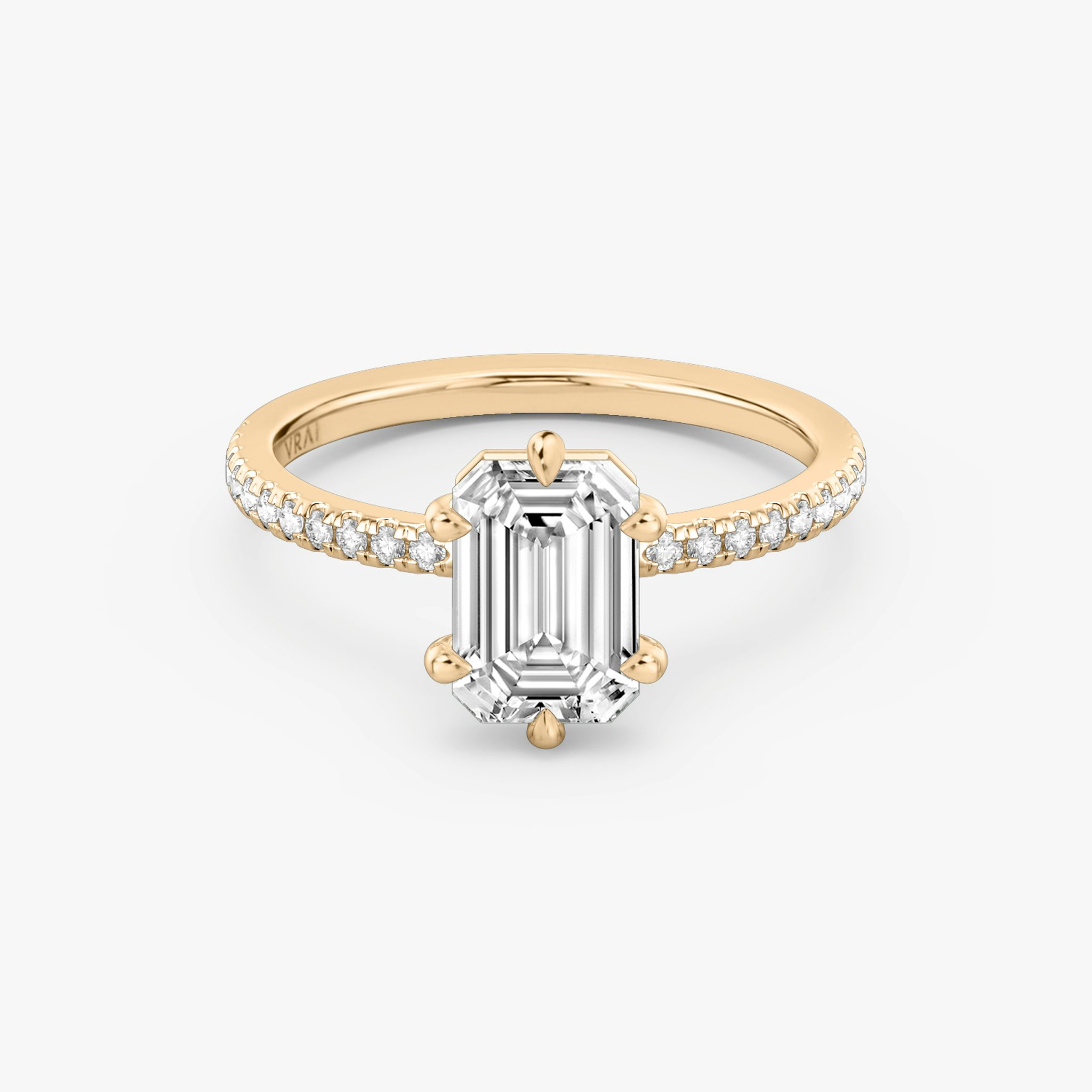 The Signature 6 Prong | Emerald | 14k | Rose Gold | bandAccent: Pavé | bandWidth: standard | hiddenHalo: no | diamondOrientation: vertical | caratWeight: other