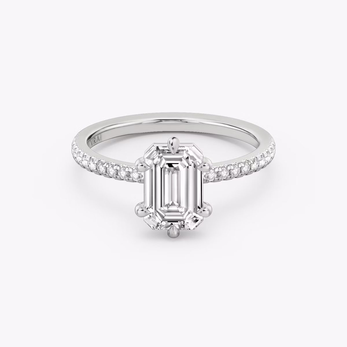The Signature 6 Prong | Emerald | Platinum | bandAccent: Pavé | bandWidth: standard | hiddenHalo: no | diamondOrientation: vertical | caratWeight: other