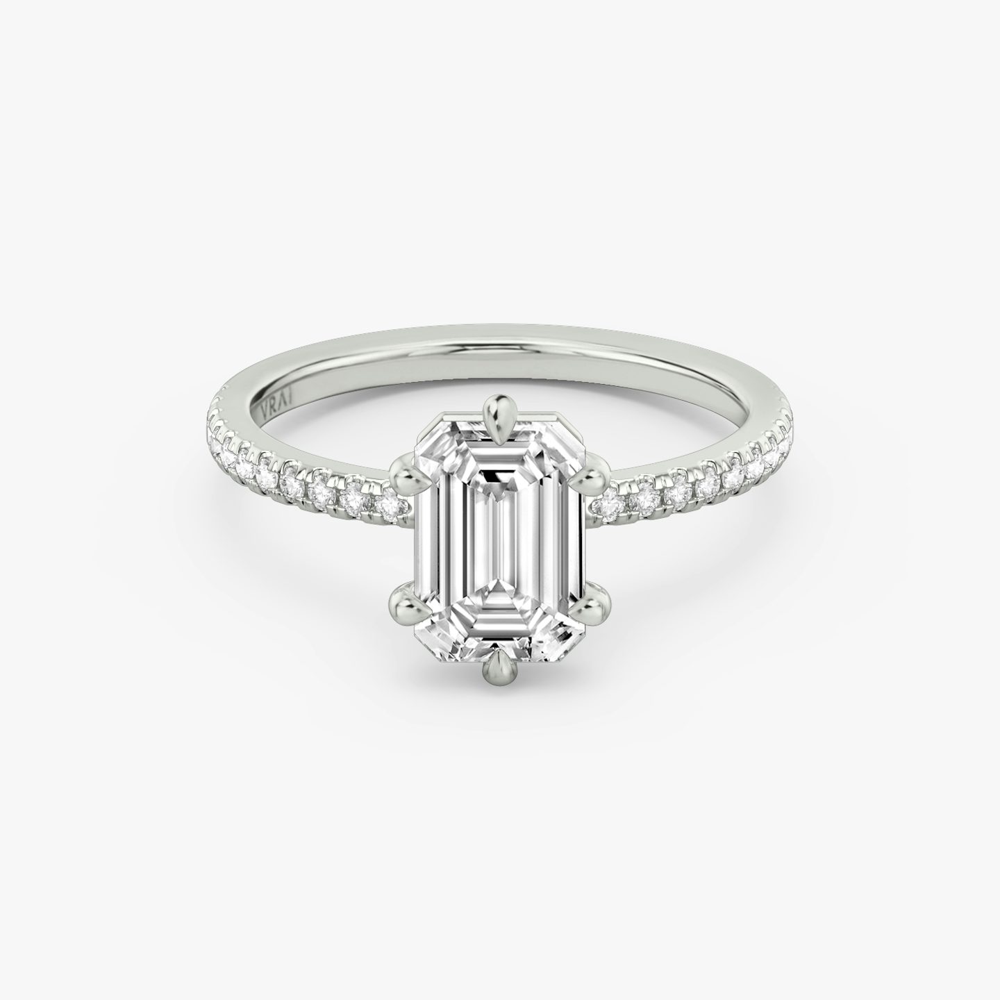 The Signature 6 Prong | Emerald | 18k | White Gold | bandAccent: Pavé | bandWidth: standard | hiddenHalo: no | diamondOrientation: vertical | caratWeight: other