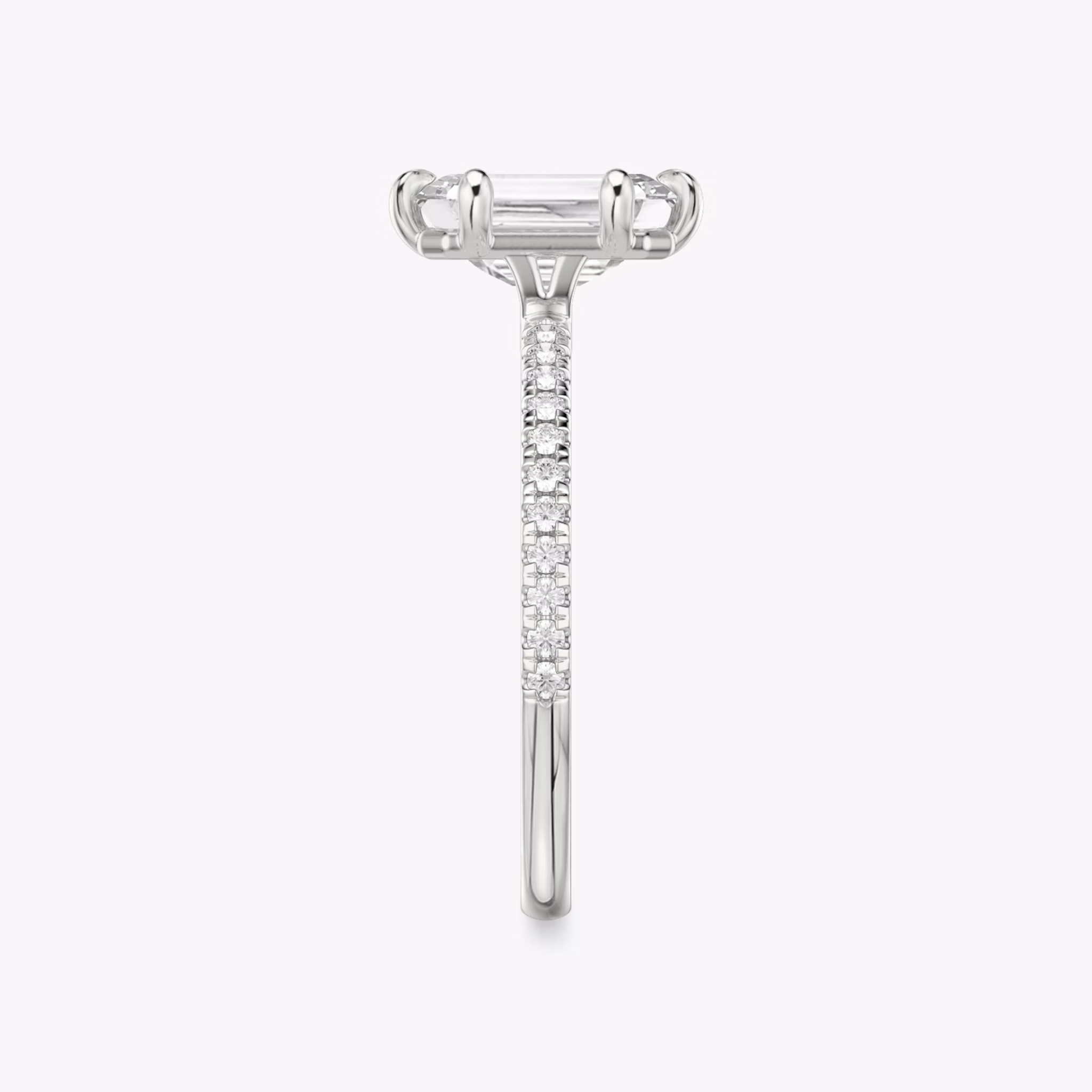 The Signature 6 Prong | Emerald | 18k | White Gold | bandAccent: Pavé | bandWidth: standard | hiddenHalo: no | diamondOrientation: vertical | caratWeight: other